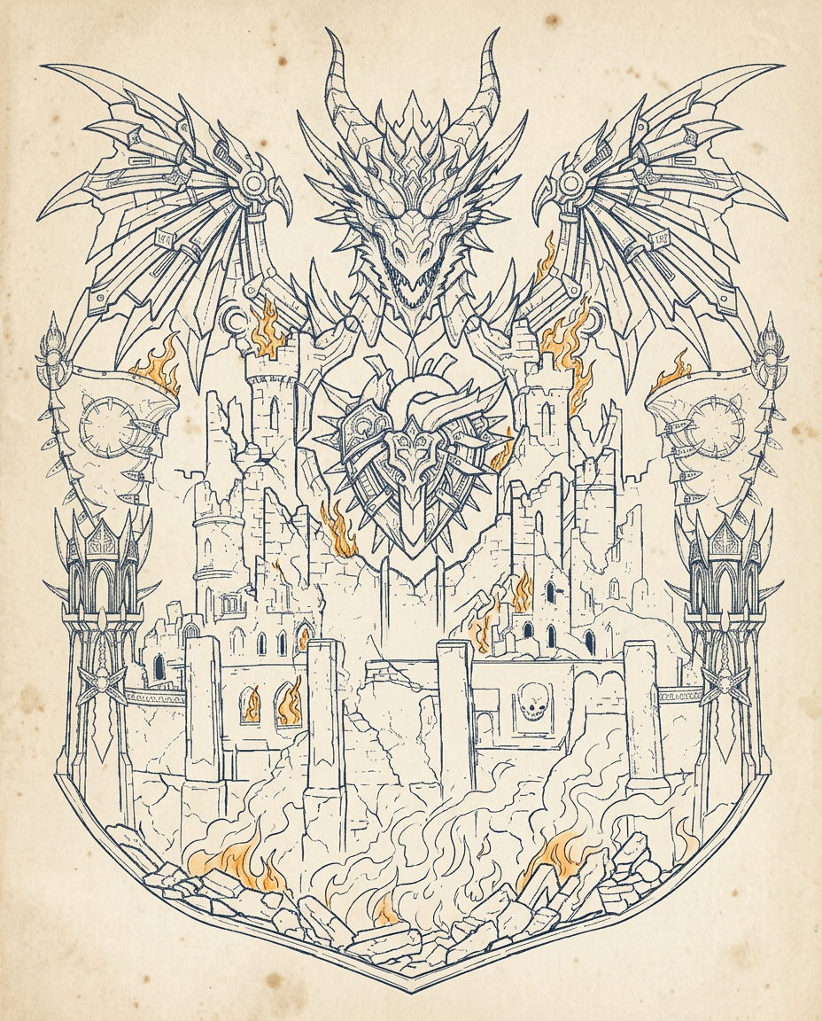 AI Design for create 1 illustration where both is combined, But the dragon stage should stay as it is only a heart and a rework of the castle wall structures with broken structures and fire is needed