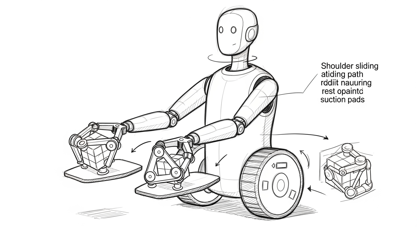 AI Design for make updates to the sketch according to this feedback ''I would like to make one change to the end effectors. I am not completely convinced by the current hands/claws. Could we try a simpler system with three small suction cups arranged in a triangle on a compact rigid pad?
The suction cups would grasp the cube from its sides, without fingers or hooks. The rigid housing around or behind them should still be able to push against the floor when the robot is recovering.
I also still do not understand the current resting position of the arms. I cannot clearly follow the chain from the shoulder to the upper arm, elbow, forearm and end effector. Some parts appear to overlap with the body or wheel, and the position seems inconsistent with the front and back views.
Could you simplify it and show a short folding sequence using exactly the same arm segments and joints? Ideally, the shoulders would return below the neck, the arms would fold naturally along the sides of the body, and the suction pads would rest in a clearly defined position without interfering with the wheel.
For the 3D modeler, could you also add:
- a top view;
- a simple scale reference or main dimensions relative to the 1 × 1 × 1 cube;
- a clearer indication of the head and neck movement;
- confirmation of the shoulder sliding path and arm pivot points;
- confirmation that the outer wheel rotates around a fixed central hub containing the battery indicator.
You do not need to design the complete rig or solve all the engineering details. I mainly need the intended moving parts and their relationships to remain clear and consistent across every view.
Small update: the 3D artist has now confirmed that the current sheet provides enough information for the modeling, so you can disregard my requests for additional views and technical details.
Please only focus on the two remaining points: the three-suction-cup end effectors and a clearer, mechanically consistent resting/folding position for the arms.