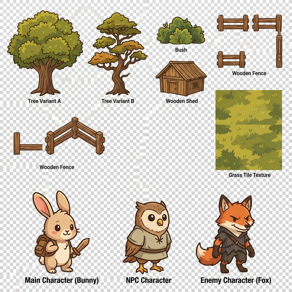 AI Design for I love all the objects and the grass texture. No notes on them. They're really good

For the characters I should have been more specific I think. Can we have them be animal characters? 
Main Character: Bunny
NPC Character: A bird of some kind.
Enemy Character: Fox
Can you also make sure the characters are facing at a slight angle to the right, so they're not facing exactly head-on?
