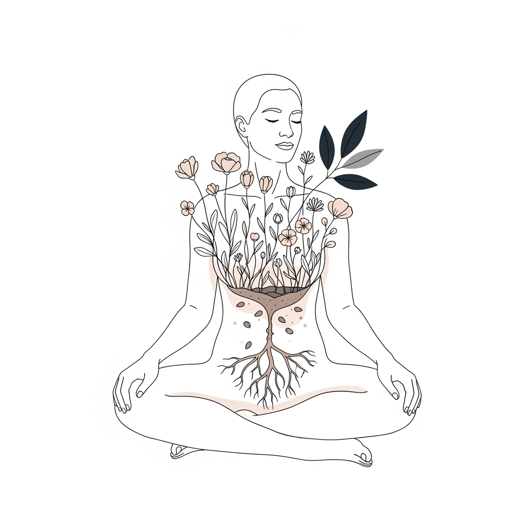AI Design for A minimal poetic illustration of a human figure sitting peacefully inside a symbolic inner garden. The garden grows from the person's chest and heart space, containing small flowers, roots, and delicate branches representing emotional healing, self-compassion, and personal growth.

The imagery should communicate the idea that healing comes from nurturing hidden parts of oneself. Include subtle symbols of shadow work: dark leaves beside blooming flowers, roots beneath the surface, small seeds awakening from soil.

Composition: simple, balanced, meditative. Use a limited number of elements with strong symbolic meaning.

Style: minimalist philosophical illustration, gentle handmade linework, soft textures, intimate therapeutic aesthetic, contemporary spiritual editorial art.

Mood: acceptance, restoration, emotional safety.only illustration on solid white background