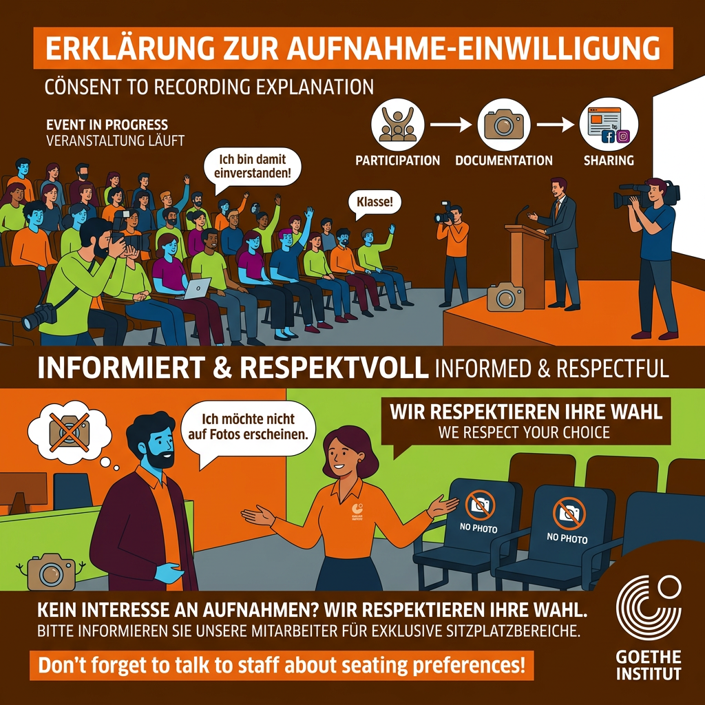 AI Design for Create a friendly Goethe-Institut visitor informCreate a highly engaging Goethe-Institut event poster explaining photography and video recording consent.
Show an auditorium event in progress.
Speaker on stage.
Audience participation.
Photographer and videographer documenting the event.
Visual storytelling sequence:
Event Participation → Recording → Website/Social Media Sharing
Separate secondary scene:
Visitor informs staff they prefer not to appear in recordings.
Staff guides them toward designated seating.
Friendly and respectful tone.
Modern cultural institution atmosphere.
Diverse audience.
Goethe-Institut editorial illustration style.
Bold geometric forms.
Dynamic composition.
Flat vector colors.
High visual clarity.
Professional communication design suitable for permanent institutional signage.ation poster communicating CCTV monitoring.
Show a modern camera integrated into the architecture.
Avoid intimidating security aesthetics.
Characters comfortably interact throughout the space.
Subtle visual indication that monitored areas help maintain safety.
Use a friendly camera icon character integrated into the design.
Speech bubble:
"This area is monitored for everyone's safety."
Modern editorial illustration style.
Warm and welcoming.
Cultural institution atmosphere.