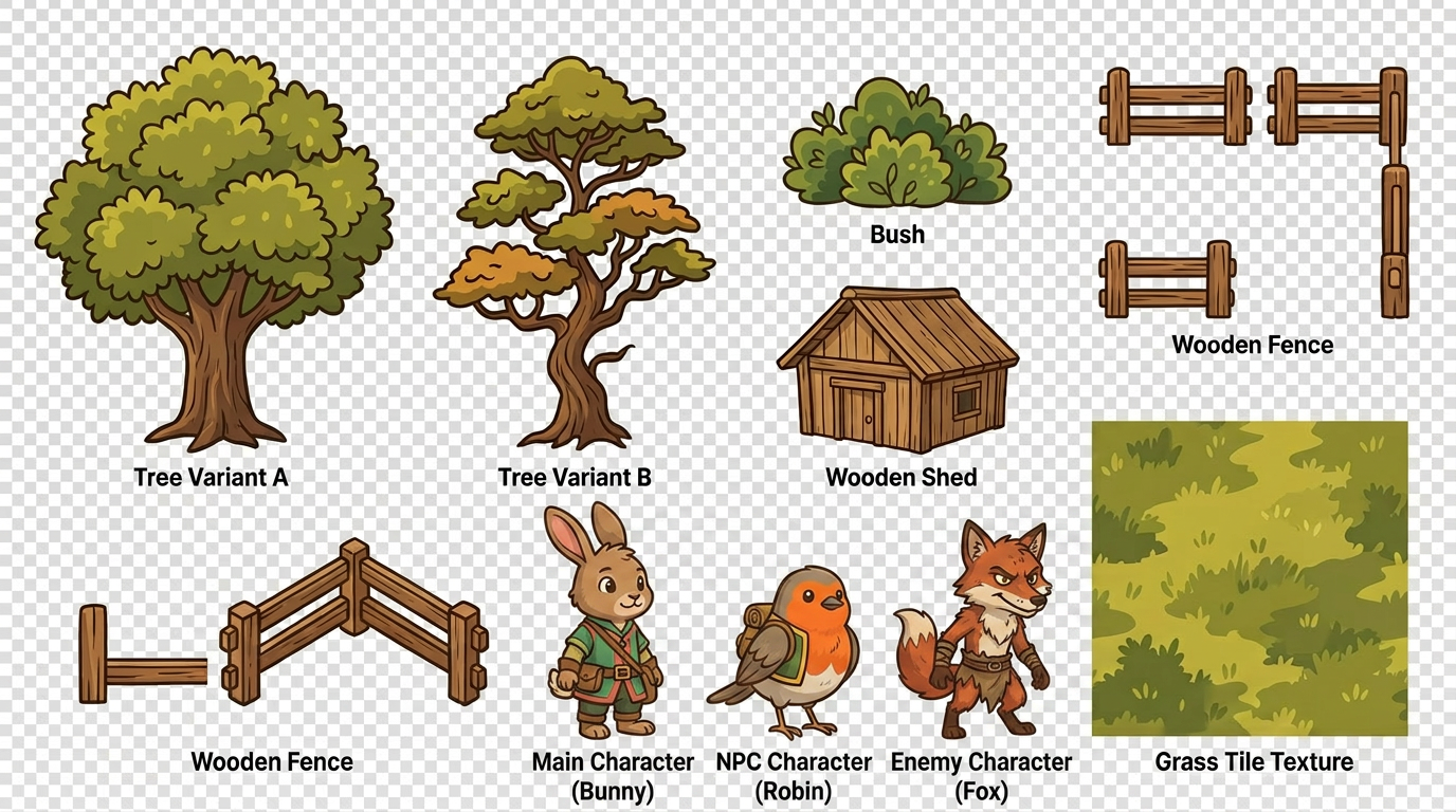 AI Design for I love all the objects and the grass texture. No notes on them. They're really good

For the characters I should have been more specific I think. Can we have them be animal characters? 
Main Character: Bunny
NPC Character: A bird of some kind.
Enemy Character: Fox
Can you also make sure the characters are facing at a slight angle to the right, so they're not facing exactly head-on?