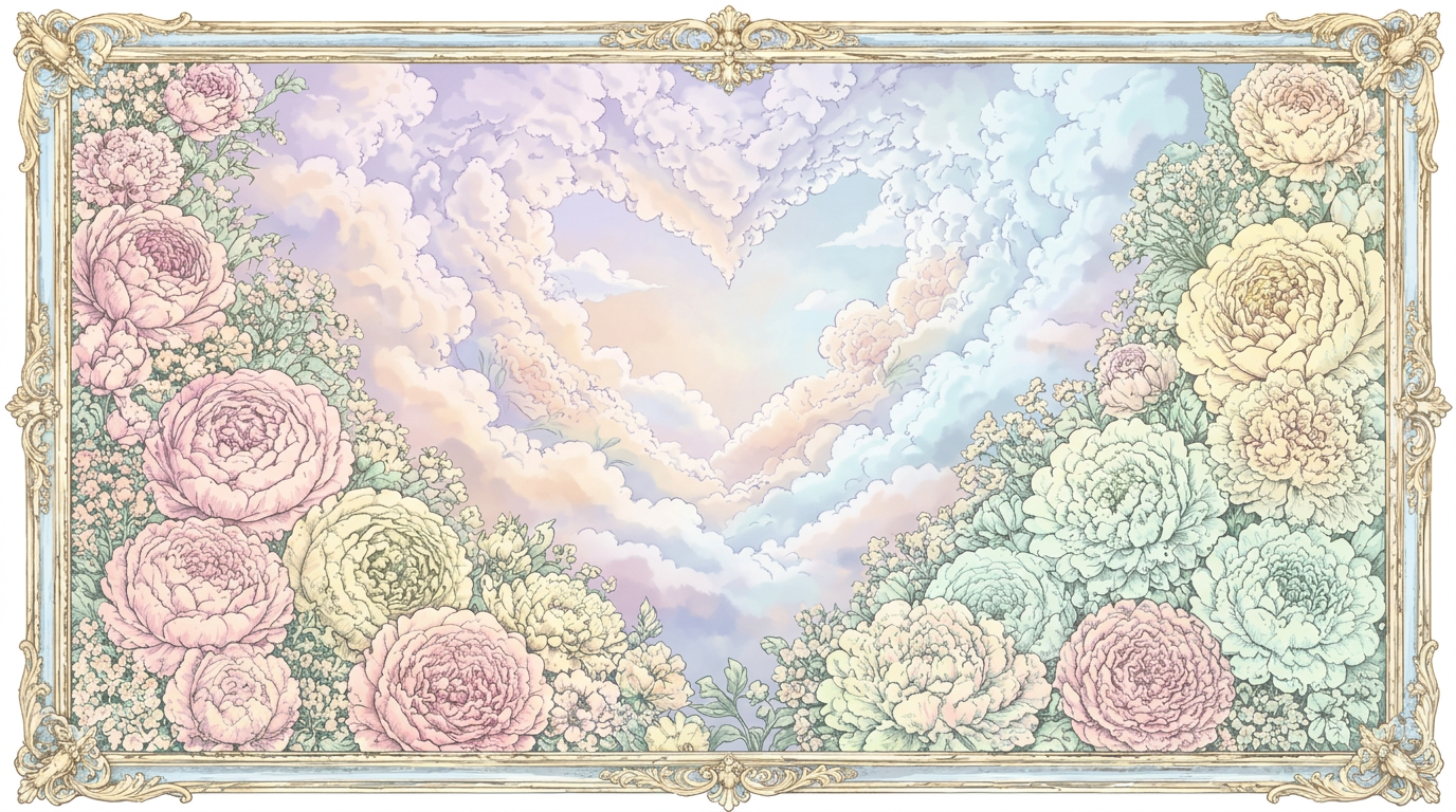 AI Design for make these adjustments to the image, keep everything else in the design the same. the heart shaped was more not intended to be a obvious heart. It’s just the way that the flowers curved and the clouds curved so I guess when you draw it in, I don’t need a blank space for the heart. It just all needs to come together almost like a heart. color it in pastel soft colours. make the heart shape less obvious