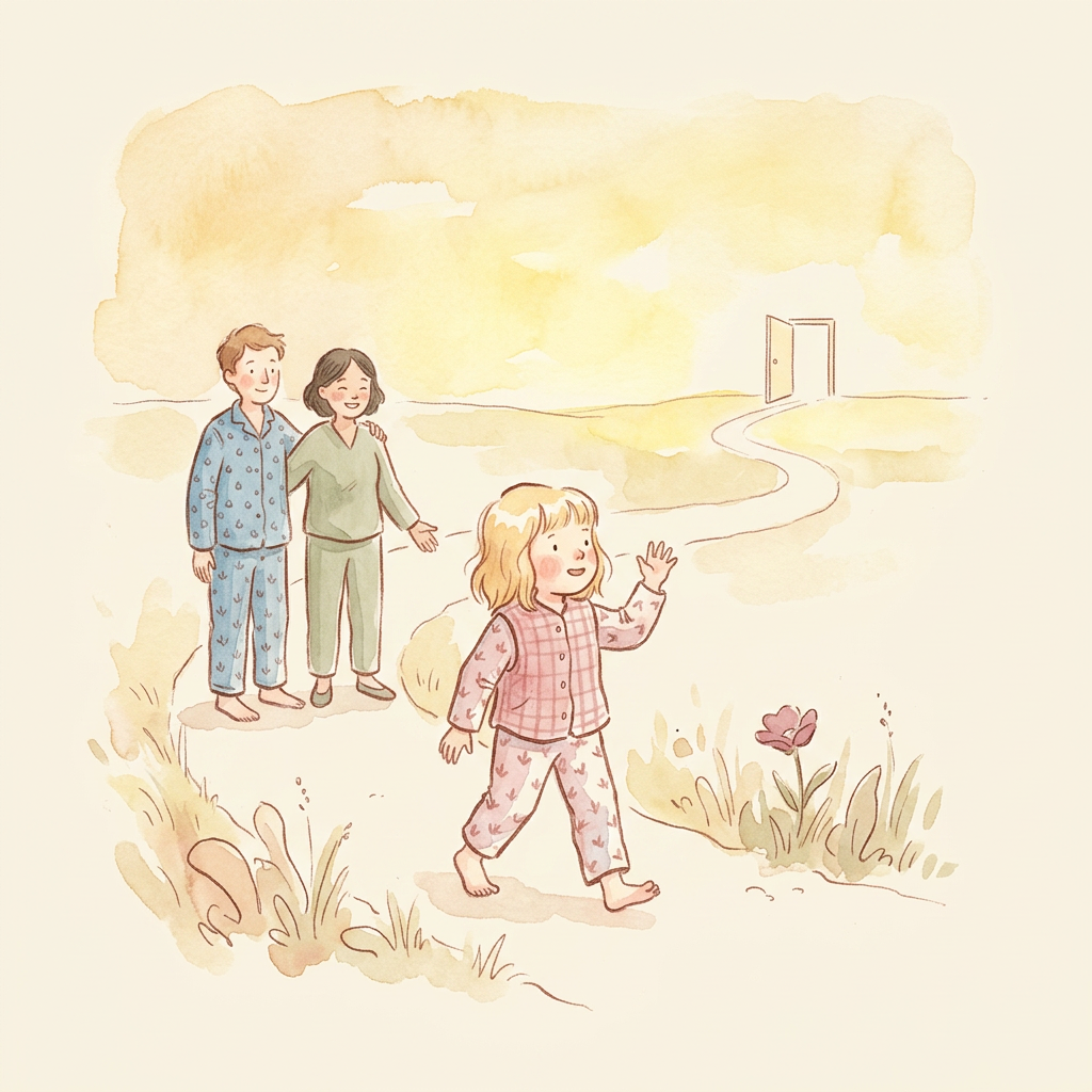 AI Design for Art style reference: (follow reference image)
A warm handcrafted children's picture-book illustration painted with delicate watercolor and colored pencil techniques. Soft textured paper surface, visible watercolor blooms, gentle pigment variations, imperfect hand-painted edges, subtle pencil linework, and organic brush strokes.
Characters have charming childlike proportions:
slightly oversized expressive eyes
rounded faces
soft cheeks with gentle blush
simplified facial features
small rounded hands and feet
natural imperfect hair shapes
emotionally readable expressions
The illustration should feel like a page from a premium children’s storybook, similar to traditional watercolor picture books. Avoid modern vector illustration. Avoid sharp digital edges. Keep the artwork tactile, warm, and handmade.
Use:
soft watercolor washes
transparent layered pigments
delicate colored pencil details
loose ink contours
subtle paper grain
warm natural lighting
Composition:
Minimal storytelling scene with one emotional moment. Large areas of warm cream negative space. Soft organic shapes. No visual clutter.
Environment:
Warm wooden interior atmosphere, soft cream background, natural textures, gentle shadows.
Palette:
Warm muted colors:
cream paper (#F7F1E4)
warm sage (#7E9B6F)
deep forest green (#3F6B3B)
warm honey yellow
muted terracotta skin tones
signature warm blue parent clothing
signature pink child clothing
warm sage therapist clothing
BOARD 5 — “Ready for their world”
Revised AI Image Prompt
A heartwarming final children's picture-book watercolor illustration showing a child ready to step into the world.
The same child now stands tall and confident in pink clothing, walking forward along a soft path toward a bright open horizon.
The child looks ahead with curiosity and joy while gently waving back toward the parent and therapist.
The parent wearing warm blue clothing and therapist wearing warm sage clothing stand behind together, watching proudly. Their posture shows complete trust and release.
The world ahead is symbolic:
soft sunlight
open sky
gentle landscape
welcoming doorway
winding path
No school imagery.
Include the only blush-pink accent of the entire wall:
a subtle flower, soft bloom, or atmospheric pink detail using muted blush (#C97A94).
The child remains the central figure.
Mood:
Joy, pride, arrival, possibility.
Colour:
Warmest board:
golden sunlight, honey tones, glowing cream background.
Style:
Classic children's storybook watercolor illustration, soft pencil outlines, expressive rounded characters, handmade paper texture, emotional storytelling.
Avoid:
fantasy elements
excessive decoration
graduation imagery
unrealistic poses
