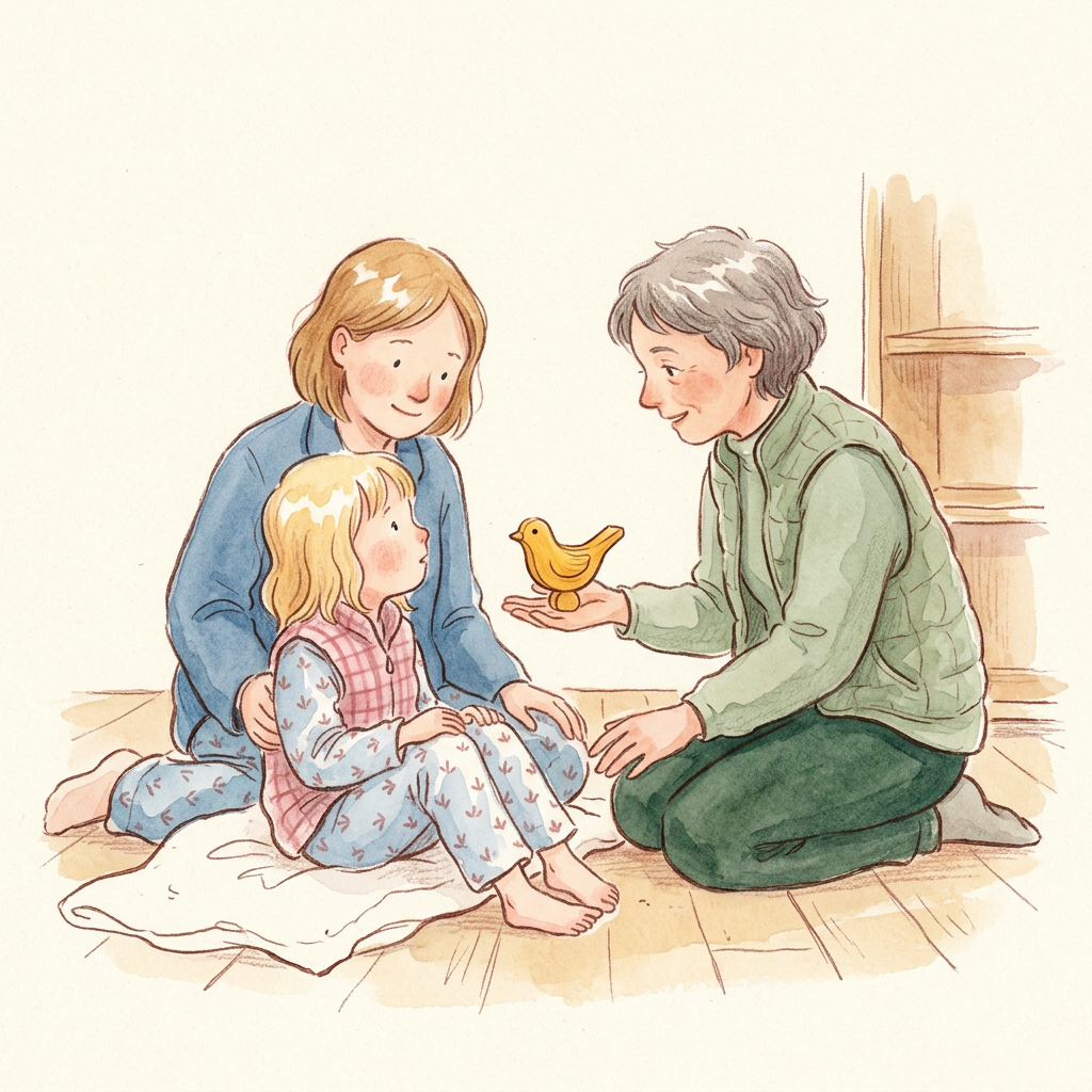 AI Design for Art style reference: (follow reference image)
A warm handcrafted children's picture-book illustration painted with delicate watercolor and colored pencil techniques. Soft textured paper surface, visible watercolor blooms, gentle pigment variations, imperfect hand-painted edges, subtle pencil linework, and organic brush strokes.
Characters have charming childlike proportions:
slightly oversized expressive eyes
rounded faces
soft cheeks with gentle blush
simplified facial features
small rounded hands and feet
natural imperfect hair shapes
emotionally readable expressions
The illustration should feel like a page from a premium children’s storybook, similar to traditional watercolor picture books. Avoid modern vector illustration. Avoid sharp digital edges. Keep the artwork tactile, warm, and handmade.
Use:
soft watercolor washes
transparent layered pigments
delicate colored pencil details
loose ink contours
subtle paper grain
warm natural lighting
Composition:
Minimal storytelling scene with one emotional moment. Large areas of warm cream negative space. Soft organic shapes. No visual clutter.
Environment:
Warm wooden interior atmosphere, soft cream background, natural textures, gentle shadows.
Palette:
Warm muted colors:
cream paper (#F7F1E4)
warm sage (#7E9B6F)
deep forest green (#3F6B3B)
warm honey yellow
muted terracotta skin tones
signature warm blue parent clothing
signature pink child clothing
warm sage therapist clothing
BOARD 2 — “Getting to know them”
Revised AI Image Prompt
A warm children's storybook watercolor illustration continuing the same characters.
The same parent wearing warm blue clothing stays close behind the child. The same child wearing pink clothing begins opening up.
A gentle therapist wearing warm sage-green clothing kneels down at the child's eye level. The therapist has a soft rounded character design, kind eyes, and a calm welcoming expression.
The therapist offers an open hand or a small simple toy. The gesture feels like friendship and connection, not examination.
The child is still slightly shy but looks outward for the first time. Their large expressive eyes show curiosity. Their posture begins to relax.
The parent watches with quiet reassurance.
Composition:
The therapist creates a gentle bridge between parent and child. Keep the scene simple with large areas of warm cream space.
Mood:
The first moment of trust.
Style:
Children’s picture book watercolor, soft colored pencil texture, delicate ink edges, rounded characters, warm handmade illustration.
Avoid:
clinical assessment
medical tools
forced interaction
office environment