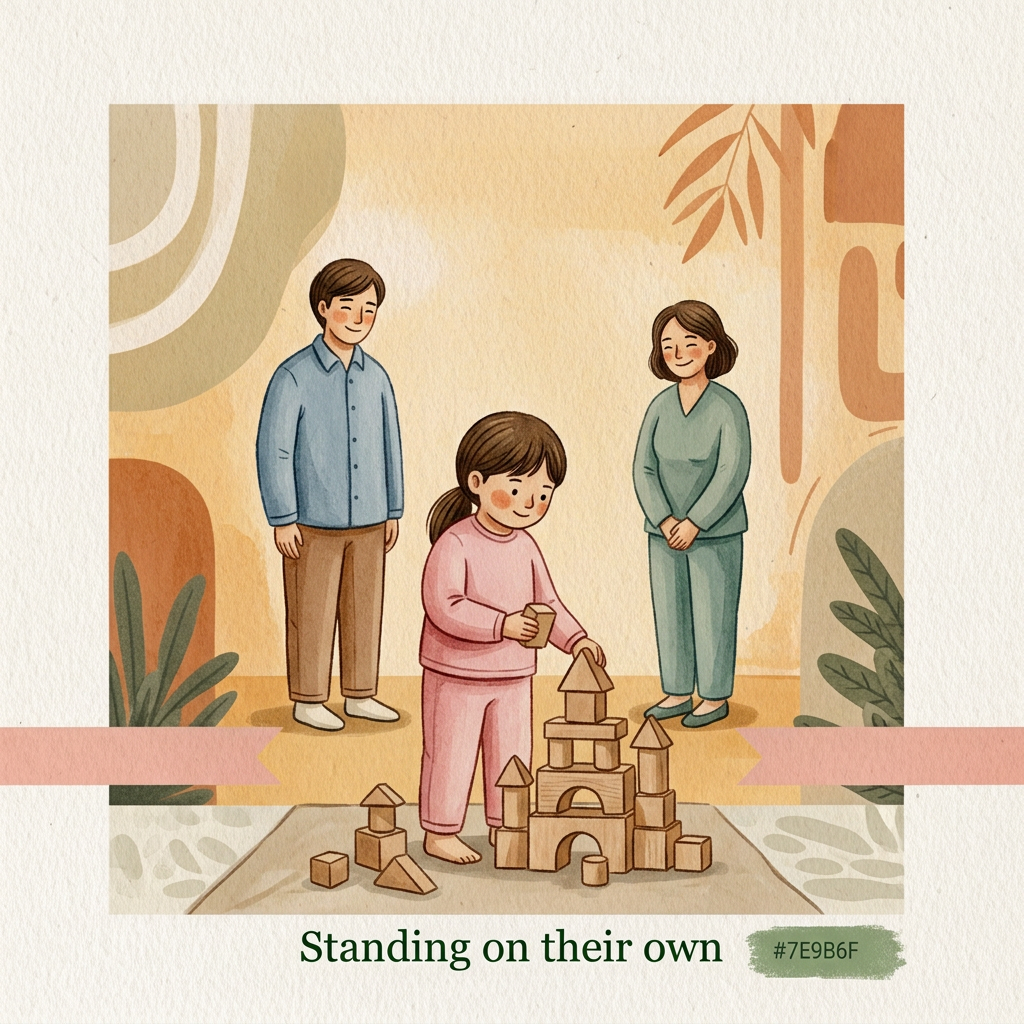 AI Design for Visual style:
A handcrafted editorial illustration for a children’s wellbeing centre interior wall, painted by a human illustrator. Soft watercolour washes combined with textured gouache and delicate hand-drawn ink outlines. Visible brush edges, subtle paper grain, imperfect organic contours, tactile handmade surface. Minimal but emotionally expressive composition. Avoid digital vector appearance. Warm natural materials aesthetic designed to sit against pale yellowish wooden panels under warm spotlight illumination.
Surface and colour treatment:
Soft warm cream background (#F7F1E4), never bright white. Warm sage accents (#7E9B6F), deep green typography area (#3F6B3B), charcoal ink details (#2C2C2A). Warm honey neutrals, terracotta-leaning skin tones. Colours gradually transition from quieter muted tones on Board 1 to brighter warmer tones on Board 5. Matte printed artwork appearance, subtle canvas/paper texture.
Character consistency lock:
Parent: same adult character across all boards. Gentle facial features, warm expression, wearing signature muted warm blue clothing. Always present. Supportive but gradually stepping back.
Child: same child across all boards. Wearing signature pink clothing. The child grows physically and emotionally through the sequence:
Board 1: small, curled inward, holding tightly.
Board 2: slightly opening up.
Board 3: engaged and playful.
Board 4: upright and independent.
Board 5: confident, taller, walking forward.
Therapist: same character whenever present. Wearing warm sage/teal clothing. Calm, approachable, gentle presence. Appears first in Board 2.
Composition rules:
Square artwork, designed as one of five connected wall panels. Characters always face and move left-to-right. Maintain a consistent soft hand-painted ground ribbon at the same height across all boards. The ribbon should feel like a continuous path through the entire wall. Keep generous negative space for headline placement. No clutter. BOARD 4 PROMPT
“Standing on their own”
AI Image Generation Prompt:
A square handcrafted watercolor and gouache illustration representing independence emerging.
Use the exact same three characters.
The child wearing pink clothing is now the central figure, standing upright confidently and leading the activity. The child is physically taller and visually forward in the composition.
The child is doing something independently: arranging objects, creating artwork, exploring, building, or completing a simple task. The child’s posture communicates confidence and capability.
The parent wearing warm blue clothing and therapist wearing warm sage clothing are both present but intentionally positioned several steps behind. They are smiling with quiet pride, observing rather than helping.
The emotional message is not separation, but healthy independence.
The ground ribbon continues.
Emotion:
Confidence, freedom, trust, “look what I can do.”
Colour:
Warm and bright. More golden light, richer natural tones, stronger warmth compared with previous boards.
Composition:
Child occupies the foreground. Adults create a supportive background presence.
Style:
Premium handmade mural illustration, textured gouache, watercolour paper texture, organic brush edges.
Avoid:
child alone
adults disappearing
achievement trophies
exaggerated superhero imagery