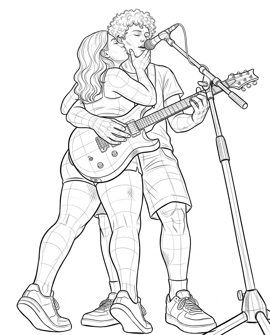 AI Design for i want you to make a lineart illustration of the people in the pose in the first image in the same art style as the second image but it will be curvy people. no background. only the people, guitar and mic and mic stand. the mans hand will go around the womans waist as he plays the guitar the right hand of the woman will be holding the side of the man's face while she kisses his cheek as he sings. the view will be dynamic, forshortening dramatic scene