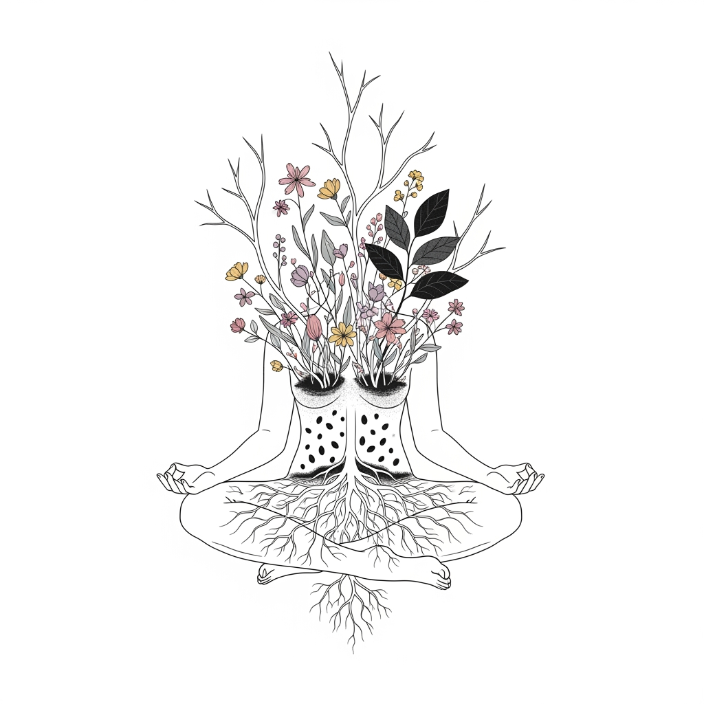 AI Design for A minimal poetic illustration of a human figure sitting peacefully inside a symbolic inner garden. The garden grows from the person's chest and heart space, containing small flowers, roots, and delicate branches representing emotional healing, self-compassion, and personal growth.

The imagery should communicate the idea that healing comes from nurturing hidden parts of oneself. Include subtle symbols of shadow work: dark leaves beside blooming flowers, roots beneath the surface, small seeds awakening from soil.

Composition: simple, balanced, meditative. Use a limited number of elements with strong symbolic meaning.

Style: minimalist philosophical illustration, gentle handmade linework, soft textures, intimate therapeutic aesthetic, contemporary spiritual editorial art.

Mood: acceptance, restoration, emotional safety.only illustration on solid white background