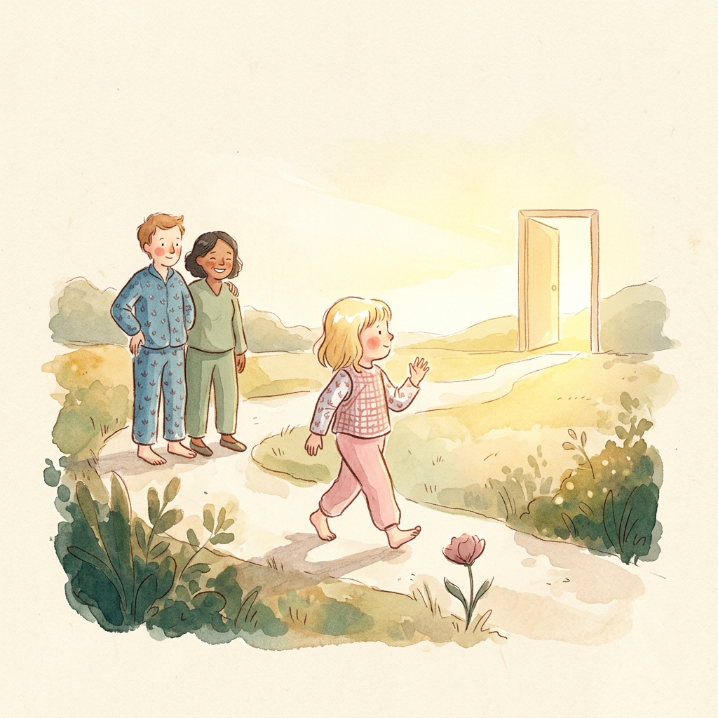 AI Design for Art style reference: (follow reference image)
A warm handcrafted children's picture-book illustration painted with delicate watercolor and colored pencil techniques. Soft textured paper surface, visible watercolor blooms, gentle pigment variations, imperfect hand-painted edges, subtle pencil linework, and organic brush strokes.
Characters have charming childlike proportions:
slightly oversized expressive eyes
rounded faces
soft cheeks with gentle blush
simplified facial features
small rounded hands and feet
natural imperfect hair shapes
emotionally readable expressions
The illustration should feel like a page from a premium children’s storybook, similar to traditional watercolor picture books. Avoid modern vector illustration. Avoid sharp digital edges. Keep the artwork tactile, warm, and handmade.
Use:
soft watercolor washes
transparent layered pigments
delicate colored pencil details
loose ink contours
subtle paper grain
warm natural lighting
Composition:
Minimal storytelling scene with one emotional moment. Large areas of warm cream negative space. Soft organic shapes. No visual clutter.
Environment:
Warm wooden interior atmosphere, soft cream background, natural textures, gentle shadows.
Palette:
Warm muted colors:
cream paper (#F7F1E4)
warm sage (#7E9B6F)
deep forest green (#3F6B3B)
warm honey yellow
muted terracotta skin tones
signature warm blue parent clothing
signature pink child clothing
warm sage therapist clothing
BOARD 5 — “Ready for their world”
Revised AI Image Prompt
A heartwarming final children's picture-book watercolor illustration showing a child ready to step into the world.
The same child now stands tall and confident in pink clothing, walking forward along a soft path toward a bright open horizon.
The child looks ahead with curiosity and joy while gently waving back toward the parent and therapist.
The parent wearing warm blue clothing and therapist wearing warm sage clothing stand behind together, watching proudly. Their posture shows complete trust and release.
The world ahead is symbolic:
soft sunlight
open sky
gentle landscape
welcoming doorway
winding path
No school imagery.
Include the only blush-pink accent of the entire wall:
a subtle flower, soft bloom, or atmospheric pink detail using muted blush (#C97A94).
The child remains the central figure.
Mood:
Joy, pride, arrival, possibility.
Colour:
Warmest board:
golden sunlight, honey tones, glowing cream background.
Style:
Classic children's storybook watercolor illustration, soft pencil outlines, expressive rounded characters, handmade paper texture, emotional storytelling.
Avoid:
fantasy elements
excessive decoration
graduation imagery
unrealistic poses