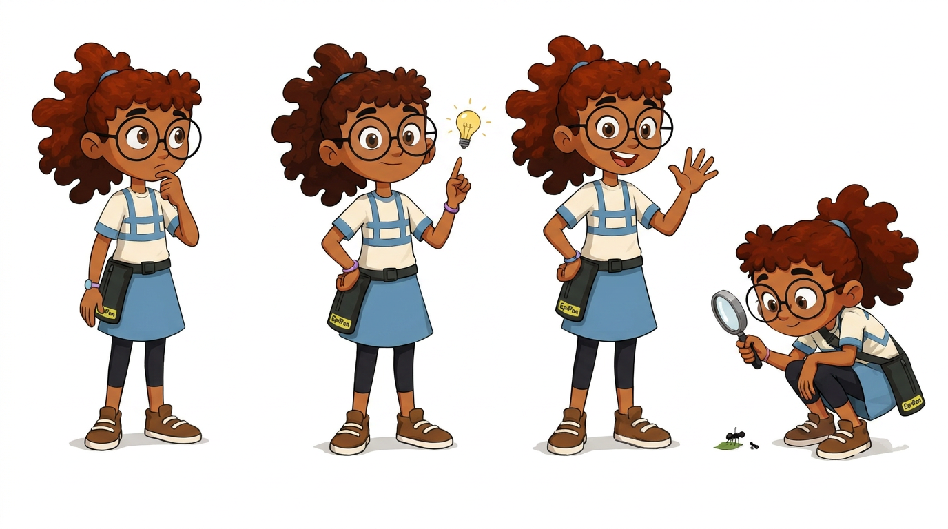 AI Design for make changes to the first image with the update shared on the second image, ensure detail and accuracy to the character. create all the missiing poses mentioned.