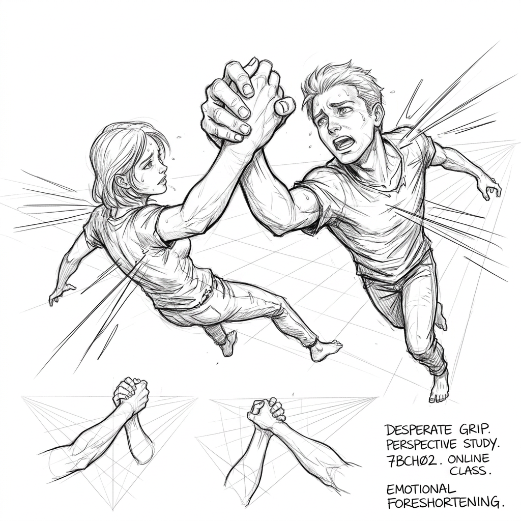 AI Design for make another version of this pose where a man and a woman look  in love but they look like they are trying to hold on to each other but being pulled apart. foreshortening pose, dynamic scene, bold composition
