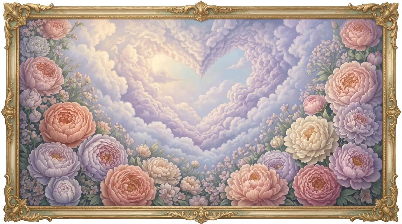 AI Design for make these adjustments to the image, keep everything else in the design the same. the heart shaped was more not intended to be a obvious heart. It’s just the way that the flowers curved and the clouds curved so I guess when you draw it in, I don’t need a blank space for the heart. It just all needs to come together almost like a heart. color it in pastel soft colours. make the heart shape less obvious. the coloring will be like renaissance fine oil painting