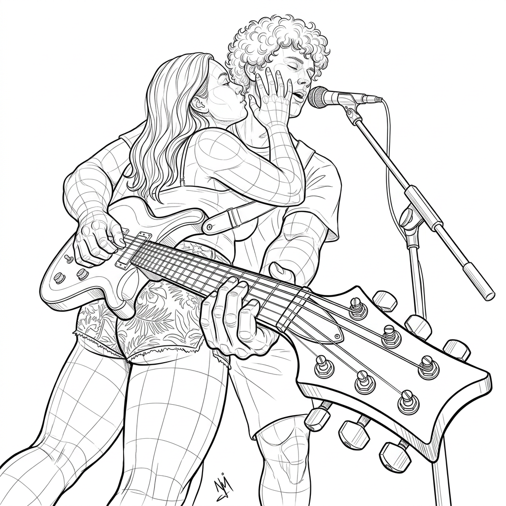 AI Design for i want you to make a lineart illustration of the people in the pose in the first image in the same art style as the second image but it will be curvy people. no background. only the people, guitar and mic and mic stand. the mans hand will go around the womans waist as he plays the guitar the right hand of the woman will be holding the side of the man's face while she kisses his cheek as he sings. the view will be dynamic, foreshortening dramatic scene