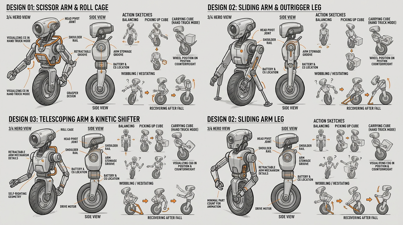 AI Design for Create 2–3 professional robot concept sketches exploring a small self-balancing unicycle robot for a narrative game. The goal is not polished artwork, but believable industrial design concepts that solve the robot's locomotion, manipulation, balance, and personality through one unified mechanical idea.

The robot should have:

A single large drive wheel as its only means of locomotion.
A separate articulated head with one large optical sensor that can rotate and tilt to clearly show where it is looking.
A compact torso with two retractable arms integrated into grooves along the sides of the body, unfolding only when needed.
A simple, memorable silhouette with minimal parts that could realistically be modeled and animated in 3D.

Show 2–3 distinct mechanical interpretations of the same concept, each with:

3/4 hero view
Side view
Small action sketches of:
balancing
picking up a cube
carrying the cube against its body while leaning backward like a hand truck
wobbling or hesitating
recovering after falling

Focus on clear articulation points, believable engineering, visible center of gravity, and functional mechanisms. The arms should explain exactly how the robot grasps, carries, and places objects, and how they assist in getting back upright after falling.

Style: professional industrial design concept art, clean linework, minimal rendering, subtle grayscale with orange accent highlights, retro-futuristic, stylized but mechanically believable.

Negative Prompt: humanoid robot, multiple wheels, tank tracks, floating parts, overly cute cartoon proportions, military robot, transformer, excessive greebles, decorative details, unrealistic joints, inconsistent mechanisms, over-rendered illustration, finished character art.