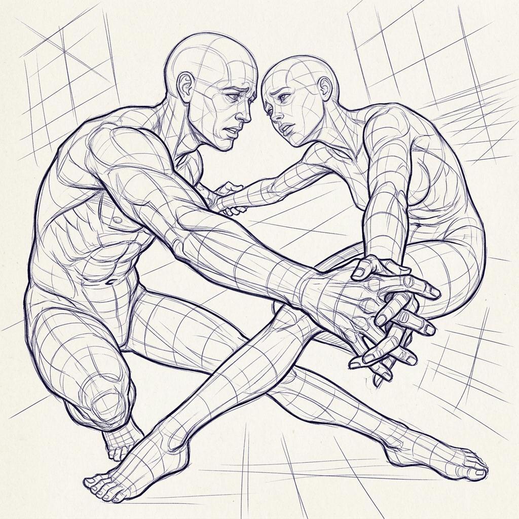 AI Design for make another version of this pose where a man and a woman look  in love but they look like they are trying to hold on to each other but being pulled apart. foreshortening pose, dynamic scene, bold composition
