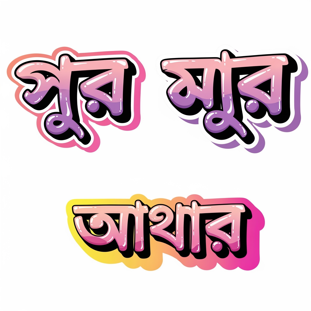 Create a highly detailed professional AI image generation prompt for a bold Bangla typography sticker illustration collection inspired by trendy pop-art, Y2K sticker culture, and modern South Asian street aesthetics. The composition should feature expressive Bangla words designed as individual decorative sticker graphics with thick outlines, glossy highlights, playful shadows, layered borders, and vibrant neon color palettes similar to fashionable social-media sticker packs and contemporary youth merchandise.

The Bangla words to illustrate are:

“অভিমান”
“পিছুটান”
“বিরহ”

CRITICAL REQUIREMENT:
Ensure the Bangla spelling is 100% accurate, culturally authentic, highly readable, and visually balanced. The Bangla typography must remain legible even with stylization. Preserve correct Bangla character structure, spacing, vowel signs, conjunct letters, and headline alignment. Do not distort the script beyond recognition.

Art Direction:

Create each word as a separate expressive typographic artwork
Inspired by playful sticker aesthetics, kawaii pop graphics, neon signage, retro desi typography, and trendy digital doodle art
Thick white outer sticker border around each word
Additional colored offset shadow borders (pink, purple, yellow, magenta gradients)
Puffy bubble-letter styling mixed with hand-lettered Bangla calligraphy
Glossy candy-like finish with subtle highlights
Bold black inner outlines for readability
Dynamic layered typography with depth and dimensionality
Add decorative elements around the words:
sparkles
hearts
stars
drips
flowers
smiley faces
abstract blobs
leopard-print accents
shiny reflections
cute doodles
Vibrant color palette:
hot pink
purple
neon yellow
electric magenta
white
black accents
occasional coral and red tones
Background should be deep dark purple or transparent
High contrast for sticker usability
Composition should resemble premium die-cut vinyl stickers
Clean vector-style illustration quality
Smooth curves and polished professional linework
Youthful, emotional, expressive mood matching the meanings of the words
“অভিমান” should feel soft, emotional, dramatic
“পিছুটান” should feel nostalgic and dreamy
“বিরহ” should feel poetic, melancholic, romantic

Rendering Style:

ultra-clean vector illustration
premium sticker pack aesthetic
crisp edges
high-resolution
print-ready
modern digital illustration
bold contour lines
layered drop shadows
subtle 3D depth
vibrant saturated colors
trendy Instagram sticker aesthetic
Behance-quality typography artwork
balanced spacing and typography hierarchy

Negative Prompt:
low resolution, unreadable Bangla text, incorrect Bangla spelling, distorted letters, messy typography, extra characters, broken conjunct letters, warped script, blurry edges, realistic photography, muted colors, flat design, poor composition, pixelation, cluttered layout, thin outlines, bad kerning, AI text artifacts, illegible typography
