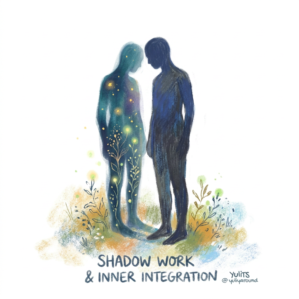 AI Design for (follow art style of attached image)Minimal symbolic illustration exploring Jungian shadow work and inner integration. A solitary human silhouette standing before a soft translucent shadow version of themselves, not frightening but contemplative and compassionate. The shadow gently mirrors the person, representing forgotten emotions, suppressed memories, and unseen parts of the psyche. Use poetic visual metaphors: fragments of darkness transforming into delicate botanical forms, small glowing points emerging from within the shadow, suggesting awareness and healing.

Composition: centered, spacious, quiet, with large areas of negative space. Elegant minimal arrangement, emotionally intimate, suitable for a mental wellness workshop poster.

Style: refined editorial illustration, delicate hand-drawn quality, subtle organic imperfections, poetic symbolism, calm psychological atmosphere, minimalist storytelling.

Mood: introspective, safe, compassionate, transformative.

Avoid: horror imagery, dramatic darkness, fear, trauma depiction, realistic portrait details..only illustration on solid white background