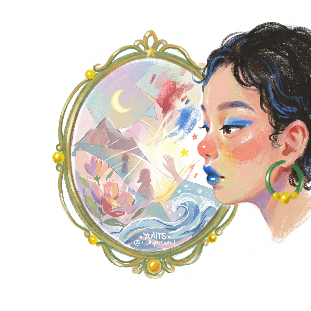 AI Design for (follow art style of attached image)Minimal conceptual illustration showing a person looking into a symbolic mirror. Instead of a reflection, the mirror reveals abstract fragments of emotions, memories, dreams, and hidden aspects of the self. The reflection is not another person but a poetic landscape containing mountains, moons, flowers, waves, and subtle shadows.

The image represents self-inquiry, emotional awareness, and embracing all parts of oneself.

Composition: clean central focus, generous empty space, elegant simplicity.

Style: sophisticated psychological illustration, poetic surrealism, minimalist editorial artwork, delicate hand-crafted appearance.

Mood: curiosity, acceptance, inner discovery..only illustration on solid white background