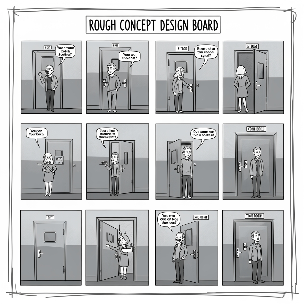 AI Design for Create a rough concept design board showing 8 composition studies for a humorous instructional comic illustrating a secure two-door exit system.
Show exploration sketches including:
DO vs DON'T layouts
Sequential comic panels
Hero perspective views
Dynamic foreshortening
Visitor pressing release button
Visitor attempting incorrect exit sequence
Flow-arrow compositions
Security vestibule diagram concepts
Use red and green annotation markers.
Include designer notes:
"close door first"
"press button"
"door unlocks"
"incorrect sequence"
Sketchbook presentation style.
Creative agency pitch board.