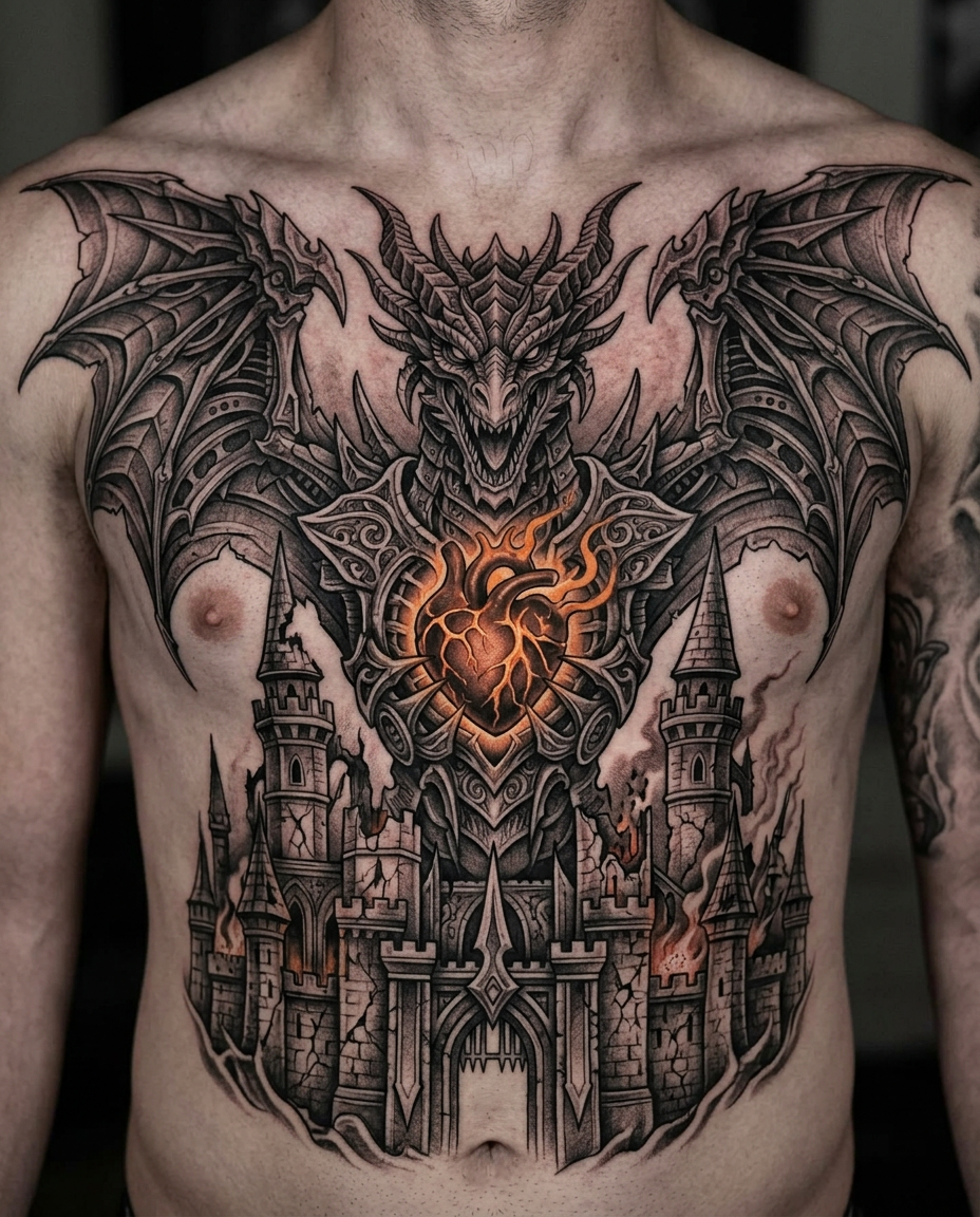 AI Design for Create a highly detailed professional black and grey chest tattoo design inspired by an epic fantasy festival stage architecture. The composition is a symmetrical dark fantasy emblem featuring a massive mechanical-fantasy dragon as the central guardian figure, inspired by the visual language of Defqon.1 festival mainstage designs.
The dragon should dominate the upper composition with enormous angular wings spreading widely across the chest, creating a powerful symmetrical silhouette. The dragon has a fierce open jaw, sharp layered horns, armored scales, and an intricate fantasy-mechanical exoskeleton. Its design combines medieval dragon anatomy with aggressive industrial stage architecture: razor-like blades, spikes, metal plates, engraved armor segments, gothic details, and futuristic battle elements.
Inside the dragon’s open chest cavity, place a large glowing burning heart symbol as the emotional centerpiece. The heart should feel integrated into the dragon’s armor, not placed on top — as if the dragon protects the community’s “orange heart.” The heart should have a magical fire core, glowing ember cracks, molten energy veins, and subtle orange flame illumination. It represents passion, unity, music, resilience, and the spirit of the festival community.
Beneath the dragon, create an imposing gothic fantasy castle integrated into the lower part of the tattoo. Extend the castle walls outward beneath both wings, creating two symmetrical fortress gate towers rising beside the dragon’s head. The towers should feel like ancient dragon guardians: tall spires, sharp blade-like architectural elements, gothic arches, engraved stone textures, skull motifs, metal reinforcements, and ceremonial fantasy architecture.
The castle should represent the first cancelled festival — show the structure damaged but powerful. Include:
cracked stone walls
broken towers
burning sections of the fortress
glowing orange fire escaping through cracks
smoke and embers rising around the ruins
collapsing architectural fragments
molten orange light beneath the stone
The destruction should not feel hopeless; it should represent survival, memory, and rebirth. The dragon remains powerful above the burning castle, protecting the heart and community.
Style:
premium tattoo artwork
black and grey realism
ultra detailed linework
dark illustrative realism
high contrast shading
engraving-inspired details
biomechanical fantasy elements
gothic architecture
symmetrical chest tattoo composition
designed specifically for human anatomy placement
Tattoo placement:
Wide chest piece following pectoral anatomy.
The wings extend naturally across both sides of the chest.
The dragon head sits centered on the sternum.
The burning heart aligns with the center chest.
The castle forms the lower foundation following the rib and chest curvature.
Lighting:
dramatic chiaroscuro lighting,
subtle glowing orange accents only inside the heart and fire,
mostly black and grey ink,
deep shadows,
high contrast,
dramatic fantasy atmosphere.
Avoid:
cartoon style,
bright colors,
simple dragon illustration,
generic medieval castle,
flat logo design,
excessive realism photography,
text or lettering.
Additional Concept Notes for Tattoo Artist / Designer
Central hierarchy:
Burning heart = emotional focal point
Dragon = protector/community symbol
Castle = memory of the cancelled festival and shared experience
Fire/cracks = transformation rather than destruction
Possible improvements:
Make the dragon wings echo the stage’s blade shapes, but translate them into tattoo-friendly spikes and armor plates.
Add subtle sound-wave patterns or energy lines inside the dragon armor as a hidden reference to music.
The castle towers under the wings should rise slightly behind the dragon’s jaw, creating depth and preventing the head from visually floating.
Keep the orange heart as the only color accent; this will make it much more powerful in a black-and-grey tattoo.
Alternative More Aggressive Version (closer to Defqon.1 aesthetic)
"A colossal armored dragon emerging from a ruined infernal fortress, its wings formed from sharp ceremonial blades and mechanical armor plates. The dragon's chest is opened like a sacred shrine containing a burning orange heart made of molten fire and energy. Below it, a gothic castle fortress collapses into flames, with cracked towers, shattered walls, and glowing embers. The entire piece resembles a legendary battle monument carved into stone, combining medieval fantasy, industrial metal stage design, and tattoo engraving aesthetics."