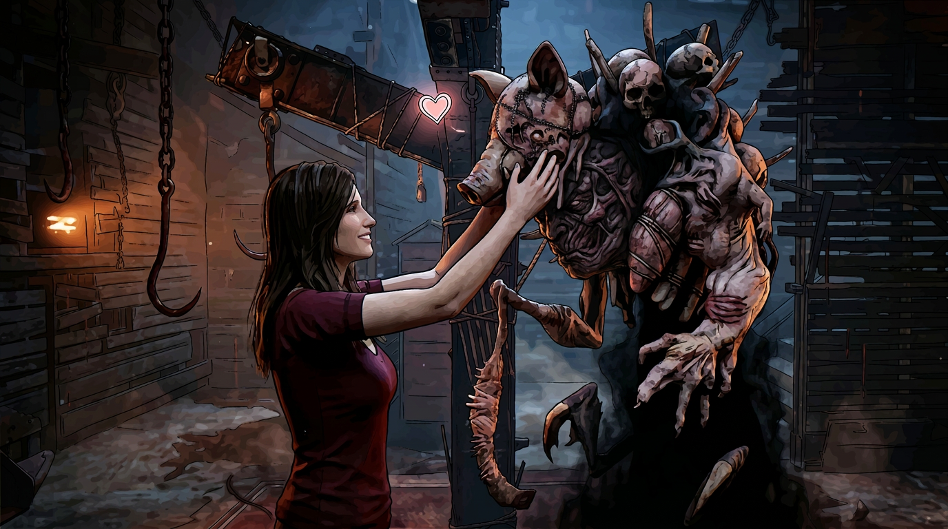 AI Design for The pig mask should be held by her in a way that it would just sit on the head like a mask ( ensure the rest of his is showing under the mask )