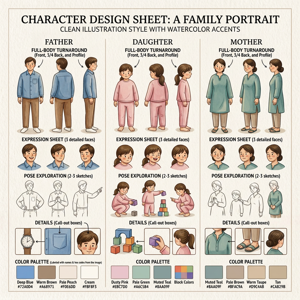 AI Design for create a highly detailed clean character dsign sheet for the characters shown here
