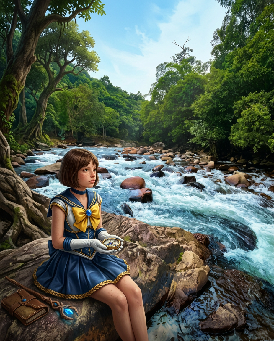 AI Design for draw stunning fantasy, dnd, or game character concept art of the landscape in the first image, with the girl in the second image wearing the costume in the 3rd image sitting by the rocks on the left side of the foreground of the scene
