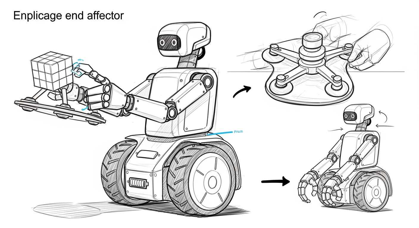 AI Design for make updates to the sketch according to this feedback ''I would like to make one change to the end effectors. I am not completely convinced by the current hands/claws. Could we try a simpler system with three small suction cups arranged in a triangle on a compact rigid pad?
The suction cups would grasp the cube from its sides, without fingers or hooks. The rigid housing around or behind them should still be able to push against the floor when the robot is recovering.
I also still do not understand the current resting position of the arms. I cannot clearly follow the chain from the shoulder to the upper arm, elbow, forearm and end effector. Some parts appear to overlap with the body or wheel, and the position seems inconsistent with the front and back views.
Could you simplify it and show a short folding sequence using exactly the same arm segments and joints? Ideally, the shoulders would return below the neck, the arms would fold naturally along the sides of the body, and the suction pads would rest in a clearly defined position without interfering with the wheel.
For the 3D modeler, could you also add:
- a top view;
- a simple scale reference or main dimensions relative to the 1 × 1 × 1 cube;
- a clearer indication of the head and neck movement;
- confirmation of the shoulder sliding path and arm pivot points;
- confirmation that the outer wheel rotates around a fixed central hub containing the battery indicator.
You do not need to design the complete rig or solve all the engineering details. I mainly need the intended moving parts and their relationships to remain clear and consistent across every view.
Small update: the 3D artist has now confirmed that the current sheet provides enough information for the modeling, so you can disregard my requests for additional views and technical details.
Please only focus on the two remaining points: the three-suction-cup end effectors and a clearer, mechanically consistent resting/folding position for the arms.