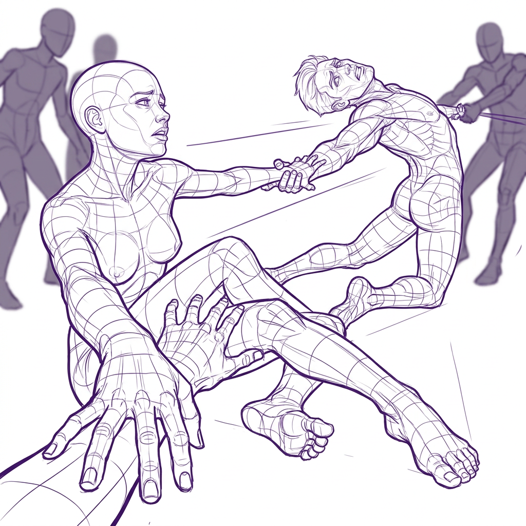 AI Design for make another version of this pose where a man and a woman look  in love but they look like they are trying to hold on to each other but being pulled apart. foreshortening pose, dynamic scene, bold composition
