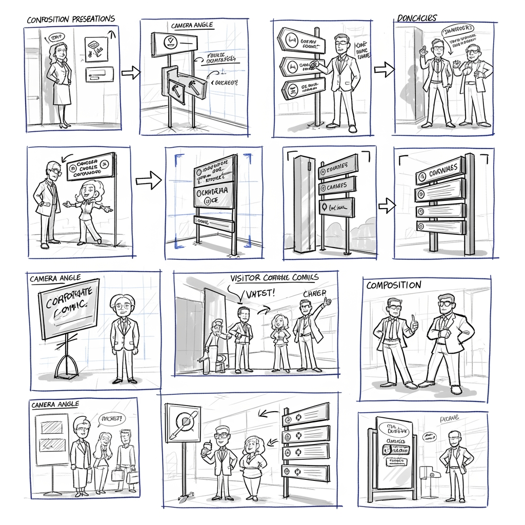 AI Design for Create a professional concept presentation board showing rough thumbnail sketches for a corporate comic signage system.
Style: loose designer sketchbook drawings, black ink linework, light grey marker shading, blue pencil construction lines visible, concept art presentation quality, storyboard thumbnails, environmental graphic design proposal, architectural sketch style, visual communication design process.
Not a finished illustration.
Not polished artwork.
Show multiple composition explorations on a single presentation sheet.
Include handwritten design notes, directional arrows, framing boxes, composition callouts, camera angle indicators, character pose explorations.
The sketches should look like they were created by a professional creative director pitching concepts to a client.
White presentation board background.
Clean layout.
Readable visual hierarchy.
Focus on composition, storytelling, character placement, and visual communication rather than detail rendering.
Corporate comic style.
Humorous but professional.
Dynamic poses.
Expressive body language.
Strong silhouettes.
Foreshortening studies.
Visual storytelling.
Environmental signage design.
Information design.
Visitor guidance graphics.