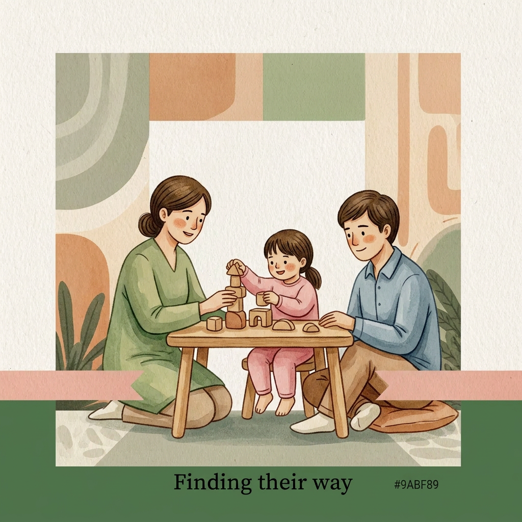 AI Design for Visual style:
A handcrafted editorial illustration for a children’s wellbeing centre interior wall, painted by a human illustrator. Soft watercolour washes combined with textured gouache and delicate hand-drawn ink outlines. Visible brush edges, subtle paper grain, imperfect organic contours, tactile handmade surface. Minimal but emotionally expressive composition. Avoid digital vector appearance. Warm natural materials aesthetic designed to sit against pale yellowish wooden panels under warm spotlight illumination.
Surface and colour treatment:
Soft warm cream background (#F7F1E4), never bright white. Warm sage accents (#7E9B6F), deep green typography area (#3F6B3B), charcoal ink details (#2C2C2A). Warm honey neutrals, terracotta-leaning skin tones. Colours gradually transition from quieter muted tones on Board 1 to brighter warmer tones on Board 5. Matte printed artwork appearance, subtle canvas/paper texture.
Character consistency lock:
Parent: same adult character across all boards. Gentle facial features, warm expression, wearing signature muted warm blue clothing. Always present. Supportive but gradually stepping back.
Child: same child across all boards. Wearing signature pink clothing. The child grows physically and emotionally through the sequence:
Board 1: small, curled inward, holding tightly.
Board 2: slightly opening up.
Board 3: engaged and playful.
Board 4: upright and independent.
Board 5: confident, taller, walking forward.
Therapist: same character whenever present. Wearing warm sage/teal clothing. Calm, approachable, gentle presence. Appears first in Board 2.
Composition rules:
Square artwork, designed as one of five connected wall panels. Characters always face and move left-to-right. Maintain a consistent soft hand-painted ground ribbon at the same height across all boards. The ribbon should feel like a continuous path through the entire wall. Keep generous negative space for headline placement. No clutter. BOARD 3 PROMPT
“Finding their way”
AI Image Generation Prompt:
A square handcrafted watercolor and gouache illustration showing the child beginning to discover confidence.
Use the exact same parent, child, and therapist characters from previous boards.
The therapist wearing warm sage clothing and the child wearing pink are now actively engaged together in a playful shared activity. They sit together on the floor or at a low wooden table. They are stacking simple wooden blocks, sorting shapes, arranging pictures, or playing a gentle creative game.
The activity must feel playful and natural, never clinical.
The child is participating willingly, showing a small genuine smile and curiosity. The therapist supports but does not control. The parent in warm blue clothing sits nearby watching with encouragement and pride.
The child's posture is more open: sitting upright, looking outward, hands actively exploring.
The soft ground ribbon continues.
Emotion:
Tentative confidence, discovery, connection, first meaningful progress.
Colour:
Noticeably brighter than previous boards. Warm honey tones, richer sage, more light entering the scene. Still restrained and harmonious.
Composition:
The child and therapist are the visual focus. Parent remains nearby but secondary.
Style:
Painterly editorial illustration, handmade texture, watercolour washes, gouache layers, subtle ink outlines, warm natural interior aesthetic.
Avoid:
clinical therapy tools
classroom environment
exaggerated happiness
cartoon characters