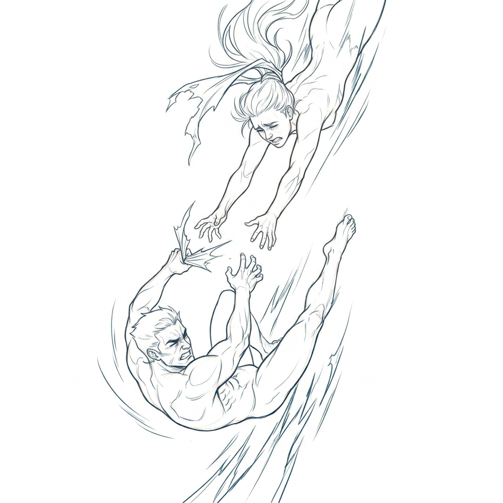 AI Design for make another version of this pose where the people look more intimate, but they look like they are trying to hold on to each other but being pulled apart