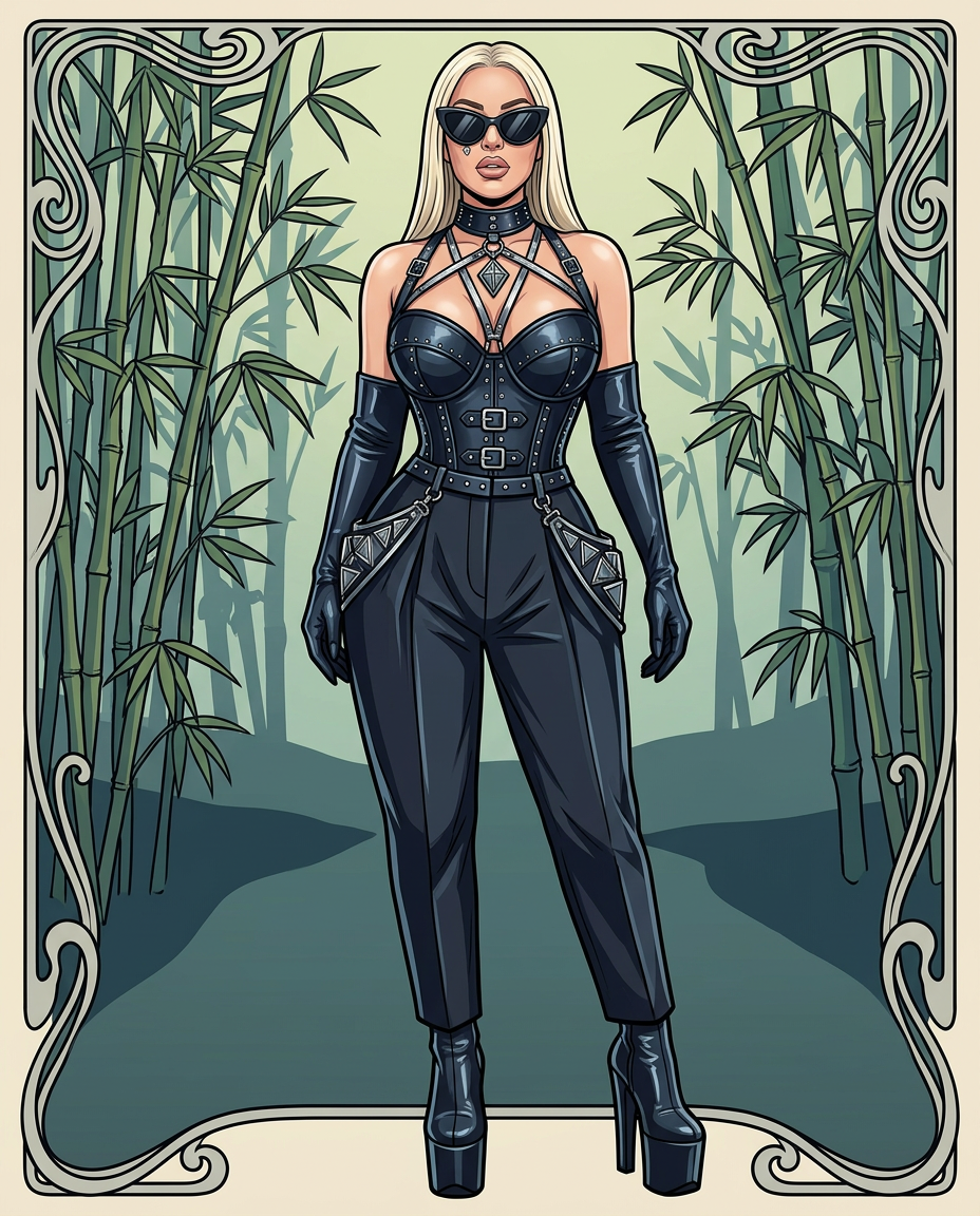 AI Design for Create a highly detailed, tshirt print illustration inspired by the reference subject while preserving her recognizable facial features, platinum-blonde hair, curvy silhouette, confident stance, and overall likeness. Dress the subject in an avant-garde haute couture ensemble featuring structured leather-inspired textures, corsetry, tailored gloves, geometric harness-inspired fashion details, metallic accents, dramatic platform heels, and oversized cat-eye sunglasses. Emphasize confidence, power, sophistication, and high-fashion styling rather than explicit or sexual themes. Ultra-high detail, crisp clean linework, balanced composition, print-ready quality, intricate decorative borders, no text. 8K resolution, professional illustration.