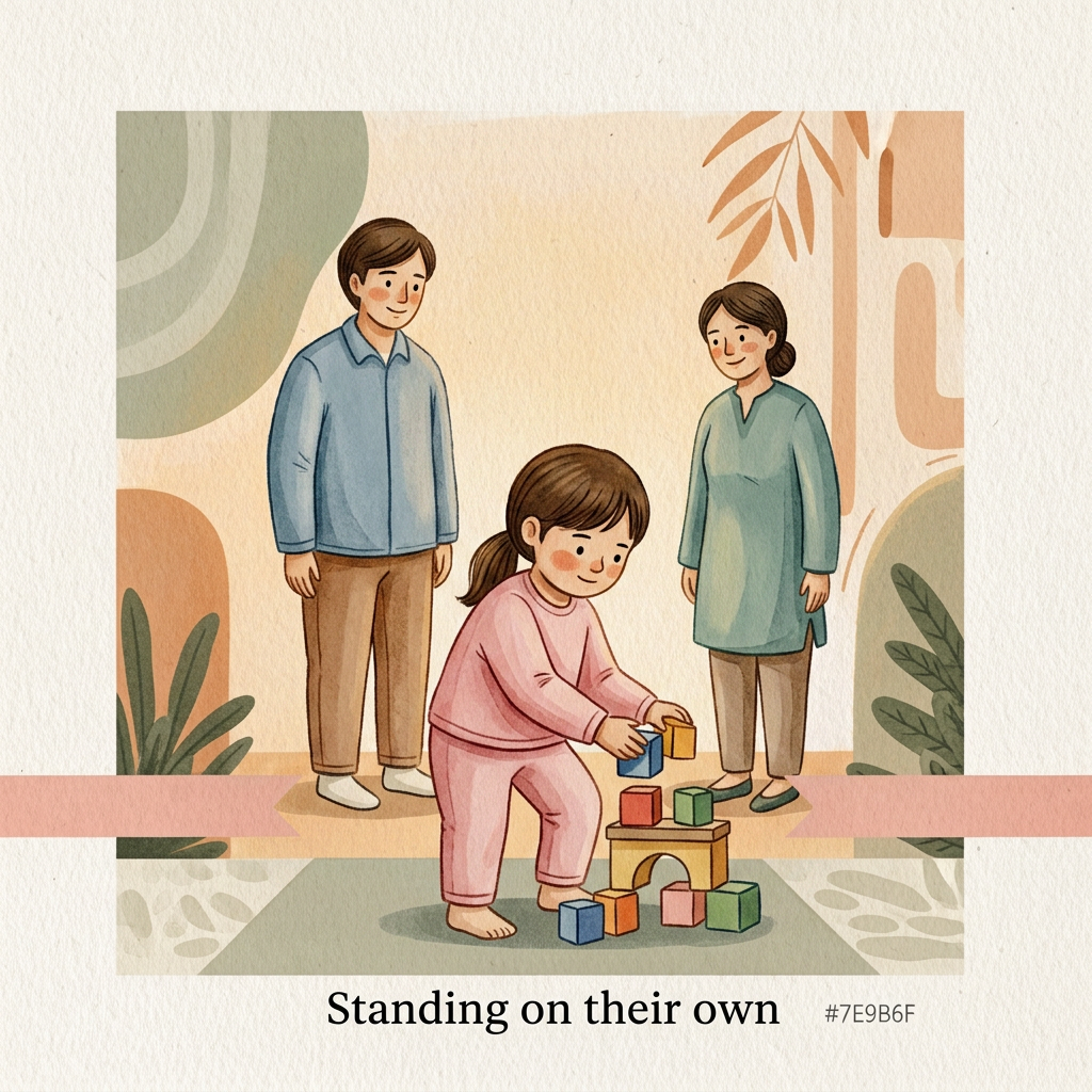 AI Design for Visual style:
A handcrafted editorial illustration for a children’s wellbeing centre interior wall, painted by a human illustrator. Soft watercolour washes combined with textured gouache and delicate hand-drawn ink outlines. Visible brush edges, subtle paper grain, imperfect organic contours, tactile handmade surface. Minimal but emotionally expressive composition. Avoid digital vector appearance. Warm natural materials aesthetic designed to sit against pale yellowish wooden panels under warm spotlight illumination.
Surface and colour treatment:
Soft warm cream background (#F7F1E4), never bright white. Warm sage accents (#7E9B6F), deep green typography area (#3F6B3B), charcoal ink details (#2C2C2A). Warm honey neutrals, terracotta-leaning skin tones. Colours gradually transition from quieter muted tones on Board 1 to brighter warmer tones on Board 5. Matte printed artwork appearance, subtle canvas/paper texture.
Character consistency lock:
Parent: same adult character across all boards. Gentle facial features, warm expression, wearing signature muted warm blue clothing. Always present. Supportive but gradually stepping back.
Child: same child across all boards. Wearing signature pink clothing. The child grows physically and emotionally through the sequence:
Board 1: small, curled inward, holding tightly.
Board 2: slightly opening up.
Board 3: engaged and playful.
Board 4: upright and independent.
Board 5: confident, taller, walking forward.
Therapist: same character whenever present. Wearing warm sage/teal clothing. Calm, approachable, gentle presence. Appears first in Board 2.
Composition rules:
Square artwork, designed as one of five connected wall panels. Characters always face and move left-to-right. Maintain a consistent soft hand-painted ground ribbon at the same height across all boards. The ribbon should feel like a continuous path through the entire wall. Keep generous negative space for headline placement. No clutter. BOARD 4 PROMPT
“Standing on their own”
AI Image Generation Prompt:
A square handcrafted watercolor and gouache illustration representing independence emerging.
Use the exact same three characters.
The child wearing pink clothing is now the central figure, standing upright confidently and leading the activity. The child is physically taller and visually forward in the composition.
The child is doing something independently: arranging objects, creating artwork, exploring, building, or completing a simple task. The child’s posture communicates confidence and capability.
The parent wearing warm blue clothing and therapist wearing warm sage clothing are both present but intentionally positioned several steps behind. They are smiling with quiet pride, observing rather than helping.
The emotional message is not separation, but healthy independence.
The ground ribbon continues.
Emotion:
Confidence, freedom, trust, “look what I can do.”
Colour:
Warm and bright. More golden light, richer natural tones, stronger warmth compared with previous boards.
Composition:
Child occupies the foreground. Adults create a supportive background presence.
Style:
Premium handmade mural illustration, textured gouache, watercolour paper texture, organic brush edges.
Avoid:
child alone
adults disappearing
achievement trophies
exaggerated superhero imagery
