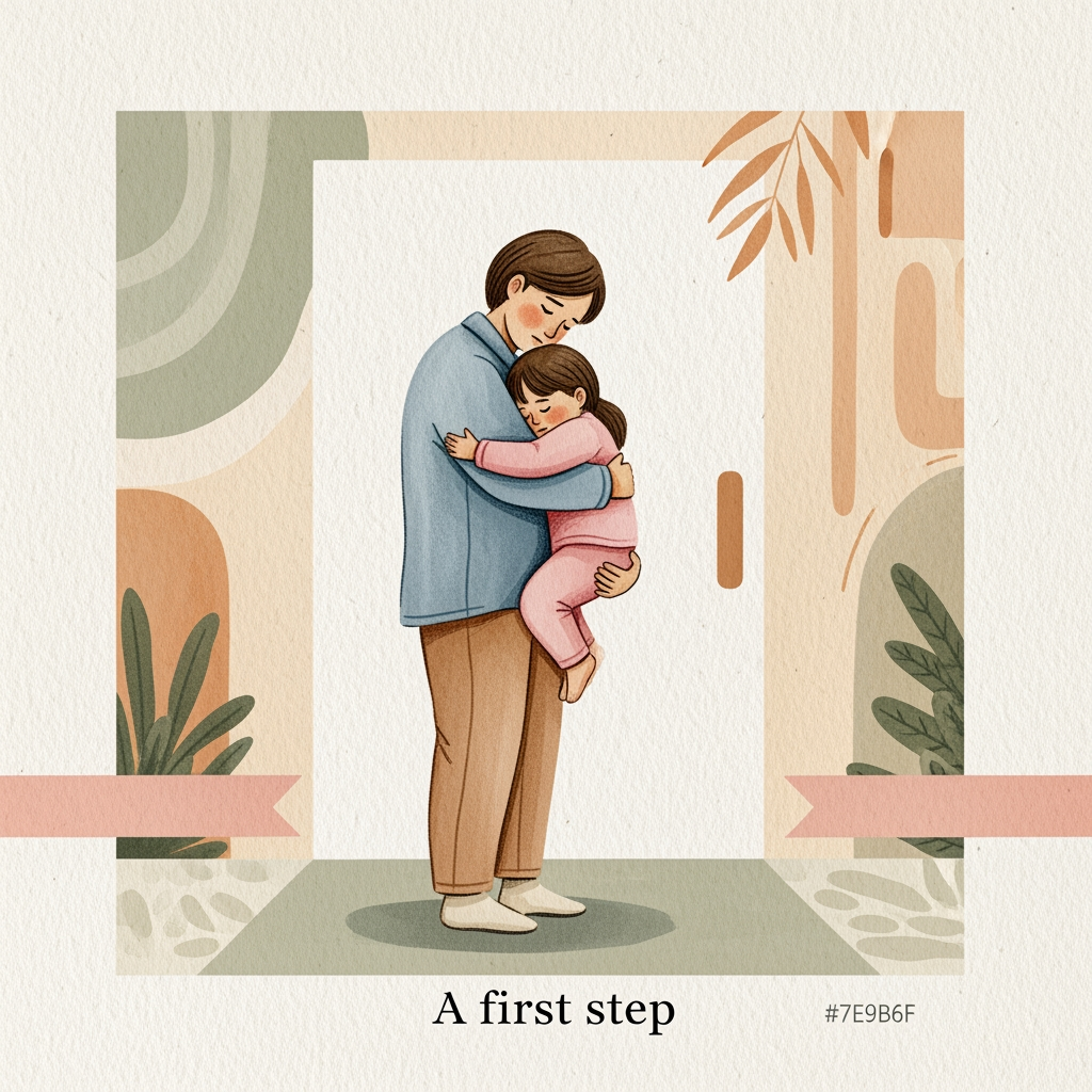 AI Design for A handcrafted editorial illustration for a children’s wellbeing centre interior wall, painted by a human illustrator. Soft watercolour washes combined with textured gouache and delicate hand-drawn ink outlines. Visible brush edges, subtle paper grain, imperfect organic contours, tactile handmade surface. Minimal but emotionally expressive composition. Avoid digital vector appearance. Warm natural materials aesthetic designed to sit against pale yellowish wooden panels under warm spotlight illumination.
Surface and colour treatment:
Soft warm cream background (#F7F1E4), never bright white. Warm sage accents (#7E9B6F), deep green typography area (#3F6B3B), charcoal ink details (#2C2C2A). Warm honey neutrals, terracotta-leaning skin tones. Colours gradually transition from quieter muted tones on Board 1 to brighter warmer tones on Board 5. Matte printed artwork appearance, subtle canvas/paper texture.
Character consistency lock:
Parent: same adult character across all boards. Gentle facial features, warm expression, wearing signature muted warm blue clothing. Always present. Supportive but gradually stepping back.
Child: same child across all boards. Wearing signature pink clothing. The child grows physically and emotionally through the sequence:
Board 1: small, curled inward, holding tightly.
Board 2: slightly opening up.
Board 3: engaged and playful.
Board 4: upright and independent.
Board 5: confident, taller, walking forward.
Therapist: same character whenever present. Wearing warm sage/teal clothing. Calm, approachable, gentle presence. Appears first in Board 2.
Composition rules:
Square artwork, designed as one of five connected wall panels. Characters always face and move left-to-right. Maintain a consistent soft hand-painted ground ribbon at the same height across all boards. The ribbon should feel like a continuous path through the entire wall. Keep generous negative space for headline placement. No clutter.
BOARD 1 PROMPT
“A first step”
AI Image Generation Prompt:
A square handcrafted watercolor and gouache illustration showing the beginning of a child’s emotional journey.
A quiet family moment at the threshold of change. A parent wearing warm blue clothing stands on the left side of the composition, gently holding their young child close. The child wears pink clothing and is small in scale, curled inward, holding onto the parent’s body for comfort. The child’s face is turned into the parent’s shoulder, not looking outward yet. The parent has a tender expression: slightly worried, protective, but with quiet hope.
No therapist appears in this scene.
The environment should feel like a warm welcoming entrance rather than a clinical space: soft abstract doorway shapes, gentle architectural forms, subtle natural textures. Avoid medical settings.
The child sits low in the composition, emphasizing vulnerability and the beginning of growth. The parent provides safety and grounding.
A soft hand-painted ground ribbon runs horizontally across the bottom at the same fixed height as future boards.
Emotion: anxious but safe, overwhelmed but loved, tender and hopeful.
Colour palette: the quietest and coolest board of the series while remaining warm. Muted cream, soft blue, gentle sage shadows, restrained colours.
Style: textured watercolour, gouache, hand-drawn ink edges, visible brush texture, handmade illustration, emotional children's wellbeing artwork.
Avoid:
crying child
fear
clinical environments
hospital imagery
exaggerated sadness
cartoon style
flat vector graphics