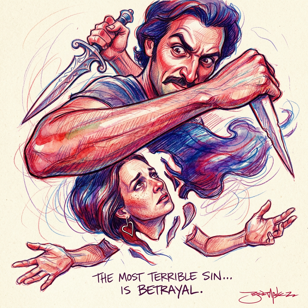 AI Design for i want you to create a highly surreal conceptual artwork with a cinematic dynamic foreshortening pose showing two people in a state of one betraying the other, a man comitting the most terrible sin of betrayal to a woman who helplessly stares at him with her arms loosely open . the art style will be the same as the first reference image, and the composition like the second image but make it very dramatic and surreal