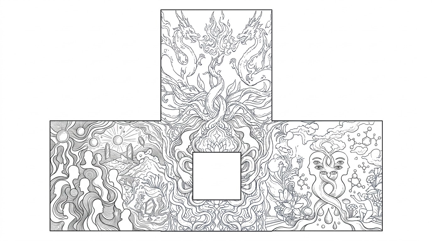 Modify the existing T-shaped packaging illustration while keeping the exact composition, dimensions, and layout unchanged. Preserve the top square panel with the two symmetrical dragons exactly as it is, including the flowing ornamental transition into the central front panel. Keep the central front panel symmetrical and maintain the empty 35x35mm square logo space in the middle without altering its size or placement. Maintain the same ultra-detailed monochrome fine-line engraving style, clean white background, delicate ink illustration quality, and seamless flow between all four panels.

Replace the current left and right side panel elements (chest, scroll, bridge, lotus flowers, landscape elements) with a new abstract visual story inspired by the concept of “Skin 2 Skin” and “Spicy AF.” Do not illustrate the text literally. Instead, create a surreal metaphor about intimacy, merging boundaries, crowded energy, and the playful collapse of personal space.

Front Panel (center square):
Keep the ornate symmetrical frame surrounding the logo area.
Add abstract flowing forms suggesting two separate energies merging into one.
Use intertwined organic shapes resembling silk ribbons, smoke, waves, flames, and human silhouettes blending together.
Represent “Personal Distance” and “Personal Space” as two elegant abstract forces moving toward harmony rather than conflict.
Include subtle suggestions of bodies without explicit figures: overlapping profiles, intertwined hands, shoulders, or silhouettes hidden within ornamental patterns.
The feeling should be luxurious, sensual, playful, and sophisticated like a high-end fragrance illustration.
Left Panel:

Replace the previous landscape/bridge elements with a surreal metaphor of crowd energy and social fusion:

A dense flowing environment of abstract human silhouettes layered together like a living tapestry.
Figures should merge into swirling patterns rather than appear individually.
Show movement, rhythm, and closeness through overlapping shapes.
Include subtle nightclub-inspired elements: abstract glowing orbs, fragmented mirrors, flowing fabric, perfume vapor trails, dancing movement lines.
Create the feeling of a packed room where boundaries disappear and everyone becomes part of one shared atmosphere.
Avoid literal club scenes or realistic people.
Right Panel:

Replace the chest, scroll, and lotus imagery with a metaphor for connection, chemistry, and sensory experience:

Create abstract intertwined forms resembling two energies becoming one.
Add elegant perfume-inspired motifs: floating fragrance clouds, waves of scent, blooming abstract forms, molecular patterns, and droplets.
Include surreal symbols of identity blending: mirrored faces, overlapping eyes, fragmented reflections, or two forms sharing the same outline.
Represent the idea of “Face ID confused by a single breath” through abstract identity overlap rather than a literal phone.
Maintain balance with the left side while making the composition feel like the two sides are merging toward the center.
Overall Style Direction:
Keep the artwork highly detailed, ornamental, and handcrafted.
Style reference: luxury perfume packaging engraving + surreal fantasy illustration + intricate botanical/mechanical linework.
Maintain elegant symmetry around the front panel.
The illustration should feel sensual, mysterious, humorous, and slightly absurd — capturing the idea of intimacy becoming a playful collective experience.
No text, no logo, no typography.
No realistic nightclub, no explicit sexuality, no literal crowd scene.
Preserve the original top dragons and seamless panel transitions exactly.

Final image should look like a premium fragrance box illustration where every panel feels like part of one continuous surreal world.