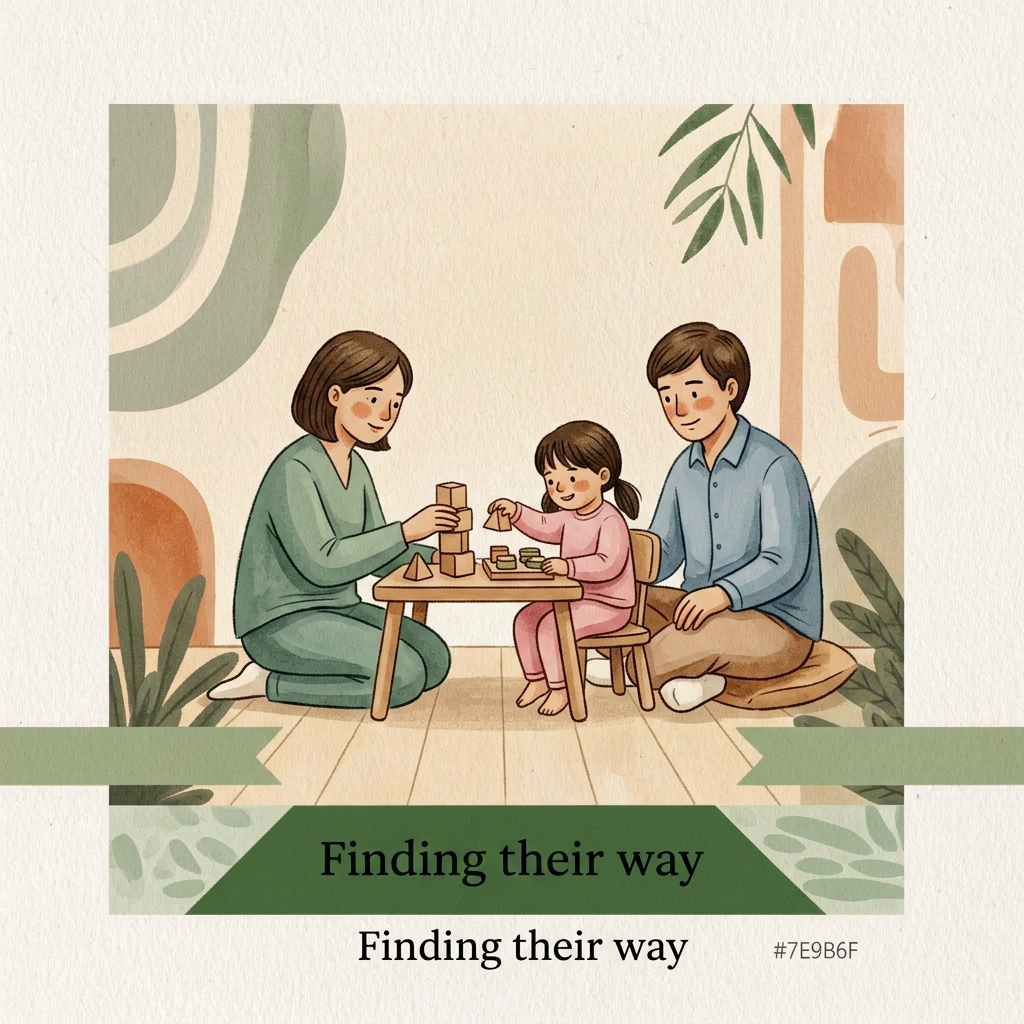 AI Design for Visual style:
A handcrafted editorial illustration for a children’s wellbeing centre interior wall, painted by a human illustrator. Soft watercolour washes combined with textured gouache and delicate hand-drawn ink outlines. Visible brush edges, subtle paper grain, imperfect organic contours, tactile handmade surface. Minimal but emotionally expressive composition. Avoid digital vector appearance. Warm natural materials aesthetic designed to sit against pale yellowish wooden panels under warm spotlight illumination.
Surface and colour treatment:
Soft warm cream background (#F7F1E4), never bright white. Warm sage accents (#7E9B6F), deep green typography area (#3F6B3B), charcoal ink details (#2C2C2A). Warm honey neutrals, terracotta-leaning skin tones. Colours gradually transition from quieter muted tones on Board 1 to brighter warmer tones on Board 5. Matte printed artwork appearance, subtle canvas/paper texture.
Character consistency lock:
Parent: same adult character across all boards. Gentle facial features, warm expression, wearing signature muted warm blue clothing. Always present. Supportive but gradually stepping back.
Child: same child across all boards. Wearing signature pink clothing. The child grows physically and emotionally through the sequence:
Board 1: small, curled inward, holding tightly.
Board 2: slightly opening up.
Board 3: engaged and playful.
Board 4: upright and independent.
Board 5: confident, taller, walking forward.
Therapist: same character whenever present. Wearing warm sage/teal clothing. Calm, approachable, gentle presence. Appears first in Board 2.
Composition rules:
Square artwork, designed as one of five connected wall panels. Characters always face and move left-to-right. Maintain a consistent soft hand-painted ground ribbon at the same height across all boards. The ribbon should feel like a continuous path through the entire wall. Keep generous negative space for headline placement. No clutter. BOARD 3 PROMPT
“Finding their way”
AI Image Generation Prompt:
A square handcrafted watercolor and gouache illustration showing the child beginning to discover confidence.
Use the exact same parent, child, and therapist characters from previous boards.
The therapist wearing warm sage clothing and the child wearing pink are now actively engaged together in a playful shared activity. They sit together on the floor or at a low wooden table. They are stacking simple wooden blocks, sorting shapes, arranging pictures, or playing a gentle creative game.
The activity must feel playful and natural, never clinical.
The child is participating willingly, showing a small genuine smile and curiosity. The therapist supports but does not control. The parent in warm blue clothing sits nearby watching with encouragement and pride.
The child's posture is more open: sitting upright, looking outward, hands actively exploring.
The soft ground ribbon continues.
Emotion:
Tentative confidence, discovery, connection, first meaningful progress.
Colour:
Noticeably brighter than previous boards. Warm honey tones, richer sage, more light entering the scene. Still restrained and harmonious.
Composition:
The child and therapist are the visual focus. Parent remains nearby but secondary.
Style:
Painterly editorial illustration, handmade texture, watercolour washes, gouache layers, subtle ink outlines, warm natural interior aesthetic.
Avoid:
clinical therapy tools
classroom environment
exaggerated happiness
cartoon characters