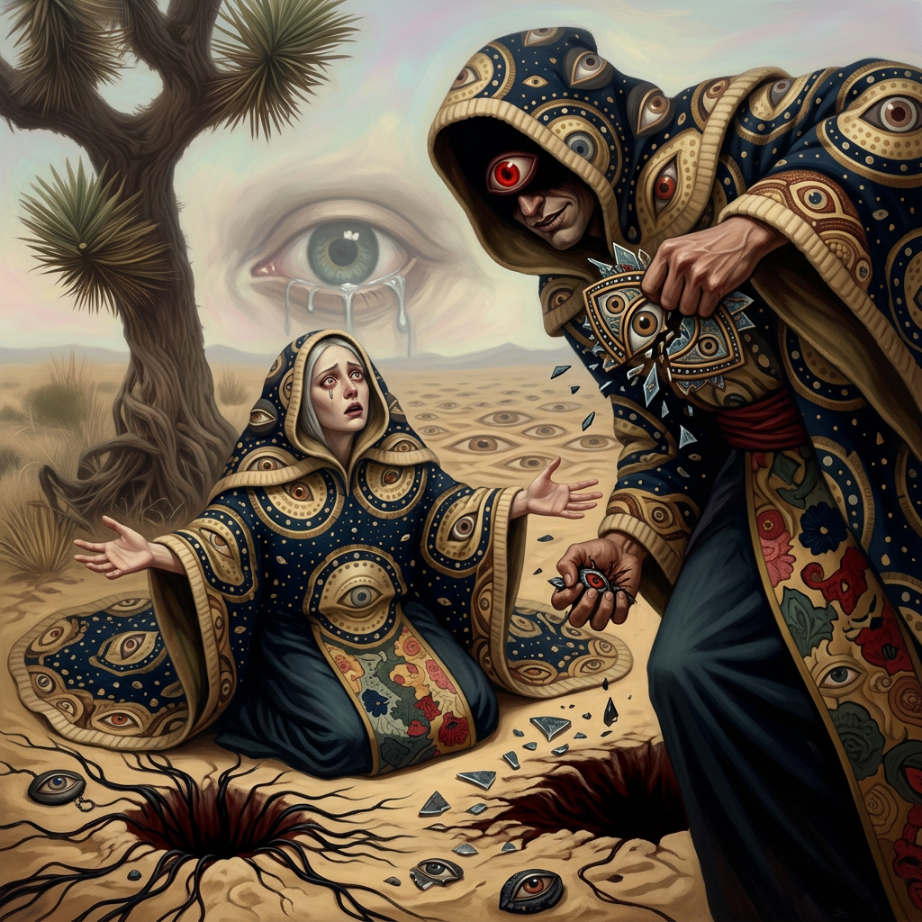 AI Design for i want you to create a highly surreal conceptual artwork with a cinematic dynamic foreshortening pose showing two people in a state of one betraying the other, a man comitting the most terrible sin of betrayal to a woman who helplessly stares at him with her arms loosely open . the art style will be the same as the reference image