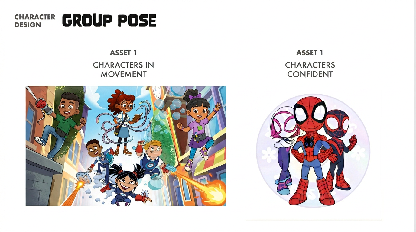 AI Design for create THE FIRST ILLUSTRATION ACCORDING TO THE SECOND REFERENC IMAGE.  characters i  should be the 5 characters in the 2nd attached image.