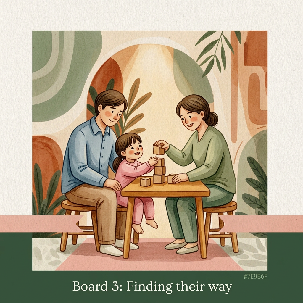 AI Design for Visual style:
A handcrafted editorial illustration for a children’s wellbeing centre interior wall, painted by a human illustrator. Soft watercolour washes combined with textured gouache and delicate hand-drawn ink outlines. Visible brush edges, subtle paper grain, imperfect organic contours, tactile handmade surface. Minimal but emotionally expressive composition. Avoid digital vector appearance. Warm natural materials aesthetic designed to sit against pale yellowish wooden panels under warm spotlight illumination.
Surface and colour treatment:
Soft warm cream background (#F7F1E4), never bright white. Warm sage accents (#7E9B6F), deep green typography area (#3F6B3B), charcoal ink details (#2C2C2A). Warm honey neutrals, terracotta-leaning skin tones. Colours gradually transition from quieter muted tones on Board 1 to brighter warmer tones on Board 5. Matte printed artwork appearance, subtle canvas/paper texture.
Character consistency lock:
Parent: same adult character across all boards. Gentle facial features, warm expression, wearing signature muted warm blue clothing. Always present. Supportive but gradually stepping back.
Child: same child across all boards. Wearing signature pink clothing. The child grows physically and emotionally through the sequence:
Board 1: small, curled inward, holding tightly.
Board 2: slightly opening up.
Board 3: engaged and playful.
Board 4: upright and independent.
Board 5: confident, taller, walking forward.
Therapist: same character whenever present. Wearing warm sage/teal clothing. Calm, approachable, gentle presence. Appears first in Board 2.
Composition rules:
Square artwork, designed as one of five connected wall panels. Characters always face and move left-to-right. Maintain a consistent soft hand-painted ground ribbon at the same height across all boards. The ribbon should feel like a continuous path through the entire wall. Keep generous negative space for headline placement. No clutter. BOARD 3 PROMPT
“Finding their way”
AI Image Generation Prompt:
A square handcrafted watercolor and gouache illustration showing the child beginning to discover confidence.
Use the exact same parent, child, and therapist characters from previous boards.
The therapist wearing warm sage clothing and the child wearing pink are now actively engaged together in a playful shared activity. They sit together on the floor or at a low wooden table. They are stacking simple wooden blocks, sorting shapes, arranging pictures, or playing a gentle creative game.
The activity must feel playful and natural, never clinical.
The child is participating willingly, showing a small genuine smile and curiosity. The therapist supports but does not control. The parent in warm blue clothing sits nearby watching with encouragement and pride.
The child's posture is more open: sitting upright, looking outward, hands actively exploring.
The soft ground ribbon continues.
Emotion:
Tentative confidence, discovery, connection, first meaningful progress.
Colour:
Noticeably brighter than previous boards. Warm honey tones, richer sage, more light entering the scene. Still restrained and harmonious.
Composition:
The child and therapist are the visual focus. Parent remains nearby but secondary.
Style:
Painterly editorial illustration, handmade texture, watercolour washes, gouache layers, subtle ink outlines, warm natural interior aesthetic.
Avoid:
clinical therapy tools
classroom environment
exaggerated happiness
cartoon characters