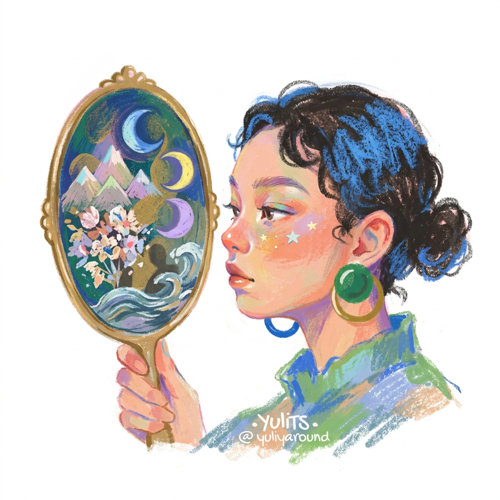 AI Design for (follow art style of attached image)Minimal conceptual illustration showing a person looking into a symbolic mirror. Instead of a reflection, the mirror reveals abstract fragments of emotions, memories, dreams, and hidden aspects of the self. The reflection is not another person but a poetic landscape containing mountains, moons, flowers, waves, and subtle shadows.

The image represents self-inquiry, emotional awareness, and embracing all parts of oneself.

Composition: clean central focus, generous empty space, elegant simplicity.

Style: sophisticated psychological illustration, poetic surrealism, minimalist editorial artwork, delicate hand-crafted appearance.

Mood: curiosity, acceptance, inner discovery..only illustration on solid white background