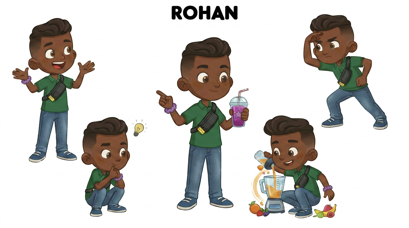 AI Design for revise the character in the first image in every pose shown with the version of the bag shown in the second image, insure the bag looks exactly the same as the one shown in the second image. ensure accuracy and detail. make sure the update has the same bag details as second image