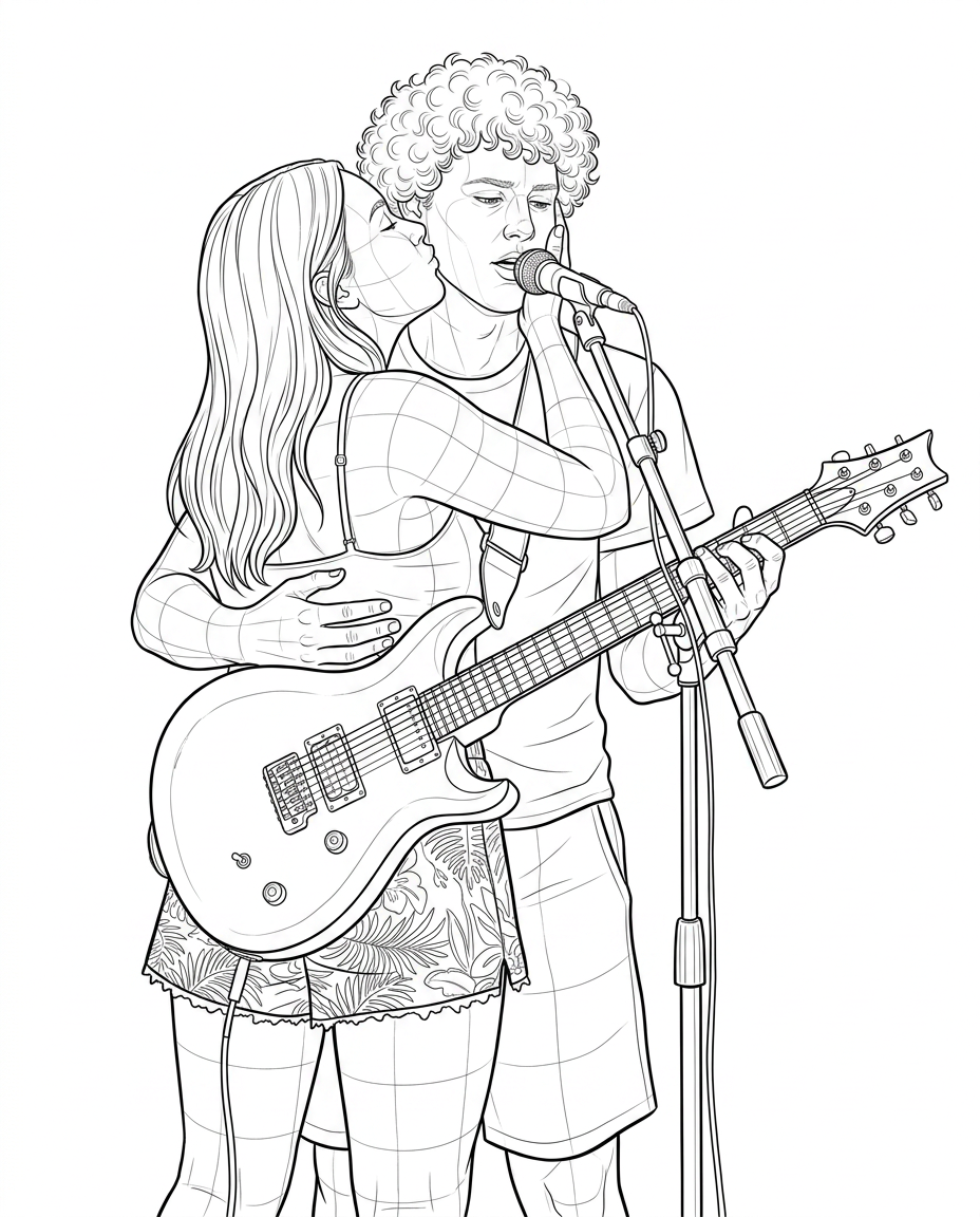 AI Design for i want you to make a lineart illustration of the people in the pose in the first image in the same art style as the second image but it will be curvy people. no background. only the people, guitar and mic and mic stand. the mans hand will go around the womans waist as he plays the guitar the right hand of the woman will be holding the side of the man's face while she kisses his cheek as he sings. the view will be dynamic, forshortening dramatic scene