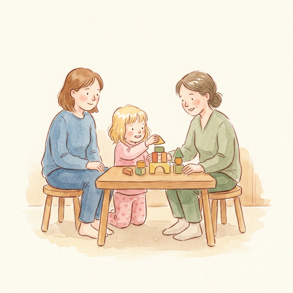 AI Design for Art style reference: (follow reference image)
A warm handcrafted children's picture-book illustration painted with delicate watercolor and colored pencil techniques. Soft textured paper surface, visible watercolor blooms, gentle pigment variations, imperfect hand-painted edges, subtle pencil linework, and organic brush strokes.
Characters have charming childlike proportions:
slightly oversized expressive eyes
rounded faces
soft cheeks with gentle blush
simplified facial features
small rounded hands and feet
natural imperfect hair shapes
emotionally readable expressions
The illustration should feel like a page from a premium children’s storybook, similar to traditional watercolor picture books. Avoid modern vector illustration. Avoid sharp digital edges. Keep the artwork tactile, warm, and handmade.
Use:
soft watercolor washes
transparent layered pigments
delicate colored pencil details
loose ink contours
subtle paper grain
warm natural lighting
Composition:
Minimal storytelling scene with one emotional moment. Large areas of warm cream negative space. Soft organic shapes. No visual clutter.
Environment:
Warm wooden interior atmosphere, soft cream background, natural textures, gentle shadows.
Palette:
Warm muted colors:
cream paper (#F7F1E4)
warm sage (#7E9B6F)
deep forest green (#3F6B3B)
warm honey yellow
muted terracotta skin tones
signature warm blue parent clothing
signature pink child clothing
warm sage therapist clothing
BOARD 3 — “Finding their way”
Revised AI Image Prompt
A joyful but gentle children's picture-book watercolor illustration showing a child discovering confidence.
The same child, parent, and therapist continue from previous boards.
The child wearing pink clothing sits or kneels at a small wooden table with the therapist wearing warm sage clothing. They are sharing a playful creative activity:
stacking wooden blocks
arranging shapes
drawing together
creating a simple picture
The activity feels like natural play and discovery.
The child has a small genuine smile, bright curious eyes, and an open relaxed posture.
The therapist encourages without directing. The parent wearing warm blue clothing sits nearby watching proudly.
The child's personality begins to emerge.
Composition:
Child and therapist are central. Parent is nearby but secondary.
Colour:
Warmer and brighter than previous boards:
golden cream, warm greens, soft honey tones.
Mood:
Discovery, connection, confidence beginning.
Style:
Hand-painted children's book illustration, watercolor textures, pencil details, soft rounded anatomy, expressive faces.
Avoid:
therapy equipment
classroom style
overly cheerful cartoon style