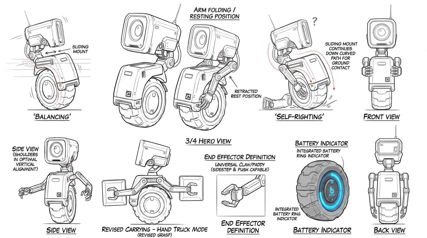 AI Design for please make the corrections on this illustrations according to this feedback. In the side view, are you suggesting that the shoulder mounts can slide horizontally? I like that idea, as it would allow the robot to have a more humanoid silhouette when its shoulders are positioned directly below its neck.
The self-righting idea is also interesting. However, it requires the arms to reach the ground. Could the shoulder mounts move from the position you have shown and continue downward along the curved path marked in red? This would give the arms a greater range of movement, and it is the kind of mechanism I would be able to animate.
I would also like to understand how the arms fold when they are not being used. Could they retract or rest closely against the body without interfering with the wheel? I need to see a natural resting position.
The “carrying – hand truck mode” pose is still a little unclear to me. Does the robot use claws instead of hands in that pose? The end effectors do not appear to be the same as those shown in the other views.
We should probably decide whether it has hands, claws, hooks, or another simpler type of end effector that can both manipulate the cube and push against the floor when the robot is recovering.
As you know, I intend to use machine learning to teach it physical abilities such as picking up cubes. I believe the interaction would be easier to implement and learn if the cube were grasped from its sides. Grasping it from above could also work, although it may be more difficult. I would avoid grasping it from underneath, as I do not currently see a practical way to animate or train that movement.
For the battery indicator, I imagine a circular gauge integrated into the inside of the wheel, similar to the attached reference. A luminous ring, perhaps blue, could gradually empty as the battery level decreases. Ideally, it should remain directly visible on the robot.
Finally, could you also add front and back views for the 3D artist?