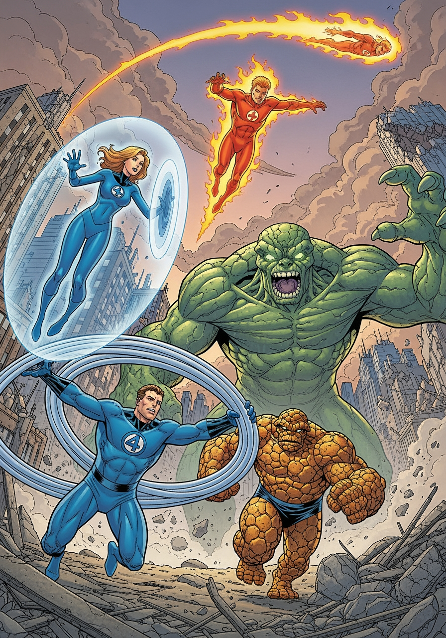 AI Design for A highly detailed professional comic book cover illustration inspired by classic Marvel superhero cover art, featuring the Fantastic Four team based on the 2015 movie character designs. Create a dynamic one-page action composition with all four heroes battling a massive rock-like monster in a destroyed city environment.

The composition should match a dramatic vintage superhero comic cover layout: a powerful low-angle perspective, cinematic scale, explosive action, strong character silhouettes, and detailed comic-style rendering.

In the foreground, show the four Fantastic Four members in their blue futuristic suits:

Mr. Fantastic stretching his arms dynamically across the scene, using his elastic powers to restrain or attack the giant creature.
The Thing as a massive rocky humanoid powerhouse charging forward in the battle, with highly detailed stone texture, cracks, and enormous muscular proportions.
Invisible Woman floating above the battlefield inside a translucent force-field sphere, her hands extended as she controls her energy shield, with a focused expression.
Human Torch flying through the sky above the team, but specifically NOT engulfed in flames. Show his head and face clearly visible, with his body transitioning into a subtle glowing energy effect. His both arms should be pushed backward behind him in a streamlined flying pose, like a superhero diving forward at high speed. His face and hair must remain visible, not covered by fire.

Include a giant monstrous enemy in the center/right background: a colossal greenish rocky creature with a huge open mouth, glowing eyes, and massive scale, towering over the heroes. The monster should feel like a comic-book villain threat, with detailed organic stone textures and exaggerated proportions.

Background:

The city destruction should extend all the way to the top edge of the cover, with no empty white space.
Show damaged skyscrapers, debris, smoke, shattered streets, and dramatic atmospheric depth.
Add a large fiery energy trail from Human Torch sweeping across the upper background, creating movement and leading the eye through the composition.
Make the environment feel like a high-budget superhero movie poster mixed with a classic comic cover.

Art style:
Highly detailed Marvel-style comic illustration, dynamic ink outlines, painted comic rendering, dramatic lighting, rich textures, cinematic perspective, powerful anatomy, detailed costumes, sharp linework, realistic superhero proportions, premium graphic novel cover quality.

Composition requirements:

Single comic cover page only.
Full bleed artwork from edge to edge.
No borders, no empty space at the top.
No logos, no titles, no text, no typography.
Focus entirely on characters, action, and cinematic storytelling.

Negative prompt:
text, logo, comic title, watermark, speech bubbles, extra characters, incorrect costumes, missing limbs, distorted anatomy, Human Torch fully covered in flames, Human Torch's face hidden, arms positioned forward, empty white background, cropped characters, flat lighting, low detail, blurry artwork.