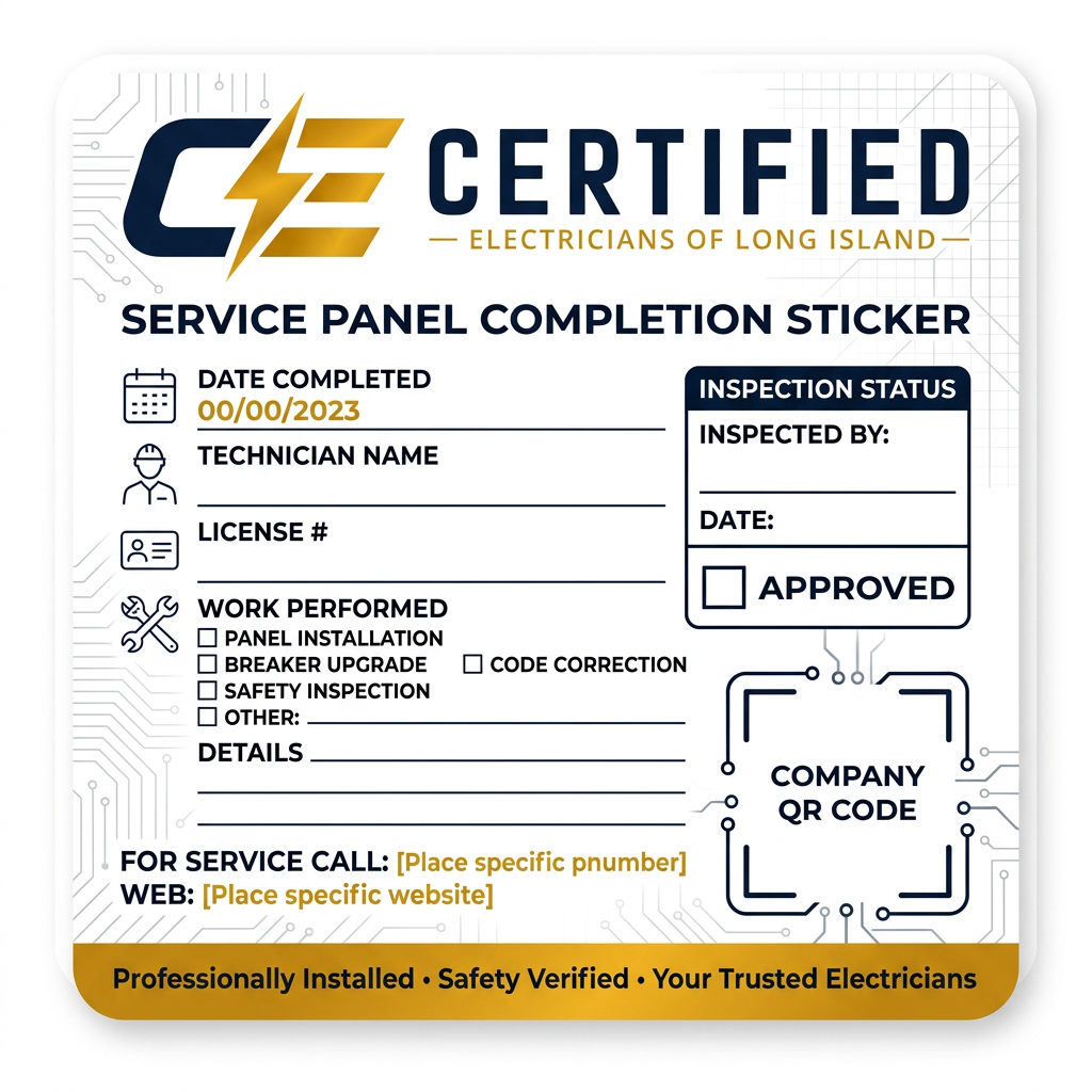 AI Design for Project Title: Premium 5" × 5" Electrician Service Panel Completion Sticker

Prompt:

Design a premium, print-ready 5 inch × 5 inch square sticker with rounded corners for a professional residential electrician to place inside or on customer electrical panels after completing work. The design should communicate trust, craftsmanship, safety, professionalism, and premium service, while remaining clean enough to be readable in utility spaces.

The final artwork should look like it belongs to an established, high-end electrical contractor rather than a generic trades business. Every design choice should reinforce reliability, precision, and attention to detail.

Design Goals
Premium, modern branding
Minimal but memorable
Easy to read from arm's length
Clean hierarchy of information
Professional without appearing corporate or sterile
Built specifically for long-term durability as a service label
Overall Style

Modern industrial minimalism combined with refined branding.

Think:

premium electrical contractor
luxury service company
engineered precision
subtle technical aesthetics
clean geometric balance

Avoid:

clip art
cartoon electricians
smiling mascots
lightning bolts used excessively
construction-themed clichés
overly busy backgrounds
stock illustration appearance
Layout

Create a balanced square composition with generous margins.

Header

Large company logo positioned prominently at the top.

Directly underneath:

Licensed Electrical Contractor

or similar professional subtitle depending on branding.

Center Section

Organize information inside clean alignment blocks.

Include placeholders for:

Company Name
Electrician Name
License Number
Date Completed
Work Performed
Phone Number
Website
QR Code
Customer Service Contact

These should be integrated elegantly rather than appearing like a plain form.

Inspection Area

Include clean fillable lines for:

Date
Technician Initials

Designed like premium maintenance records.

Footer

Small reassuring statement such as:

"Professionally Installed • Safety Verified"

or

"Service completed to professional standards."

Keep elegant and understated.

Graphic Elements

Incorporate subtle electrical-inspired design language:

Very fine:

circuit traces
PCB line work
geometric electrical pathways
technical drafting lines
blueprint grid details
subtle node connections
abstract energy flow

These should fade into the background and never compete with text.

Optional Iconography

Use only minimal line-art icons:

electrical panel
breaker
shield
checkmark
home outline
inspection badge

Keep icons consistent in one modern line-weight.

Color Palette

Use colors inspired by the supplied brand identity.

If brand colors are unavailable, use:

Deep charcoal

Electric navy

Slate gray

White

Small accent color:

electric blue

or

bright safety teal

Avoid:

bright yellow

orange overload

rainbows

red-heavy layouts

Typography

Professional geometric sans serif.

Examples of visual inspiration:

Gotham
Avenir
Inter
Montserrat
DIN
Neue Haas Grotesk

Hierarchy:

Large company name

Medium section headings

Readable body text

Small legal/service information

Excellent spacing.

Shape Language

Rounded corners matching the physical sticker.

Subtle panel borders.

Thin divider lines.

Soft corner radii throughout.

Balanced white space.

Texture

Very subtle:

matte vinyl appearance

micro grain

soft blueprint texture

technical paper feel

No obvious paper wrinkles or distressed effects.

Print Production

Designed for:

300 DPI

CMYK-friendly colors

Vector-style crisp edges

High contrast

Legible at actual 5-inch size

Safe margins

Bleed included

Rounded-corner composition

No pixelation

No blurry text

No AI artifacts

Brand Personality

The sticker should communicate:

Professional

Dependable

Clean workmanship

Safety-first

Precision

Premium residential service

Trustworthy enough that homeowners immediately recognize quality.

Composition Quality

The sticker should feel like something produced by a premium design agency for a nationally recognized electrical contractor.

Perfect alignment.

Professional spacing.

Exceptional visual hierarchy.

Balanced negative space.

Print-ready.

Luxury trade branding.

Negative Prompt

No cartoon electricians, no hard hats, no stock clip art, no comic style, no excessive lightning bolts, no glowing electricity effects, no flames, no sparks, no grunge textures, no distressed typography, no graffiti, no overly decorative fonts, no cluttered layout, no fake 3D effects, no drop-shadow-heavy design, no low-resolution graphics, no AI artifacts, no warped perspective, no spelling mistakes, no watermark, no mockup background, no folded sticker, no unnecessary borders, no random symbols, no busy patterns, no overly saturated colors.

Notes for Reference Integration

Use the provided mock-up as the structural guide while removing every element that has been crossed out. Incorporate the supplied brand identity—logo, colors, typography, and overall visual language—so the finished sticker feels like a natural extension of the company's existing branding rather than a generic template. Preserve all approved content from the reference, refine the layout for clarity and balance, and produce a polished, print-ready final design suitable for professional vinyl sticker production.