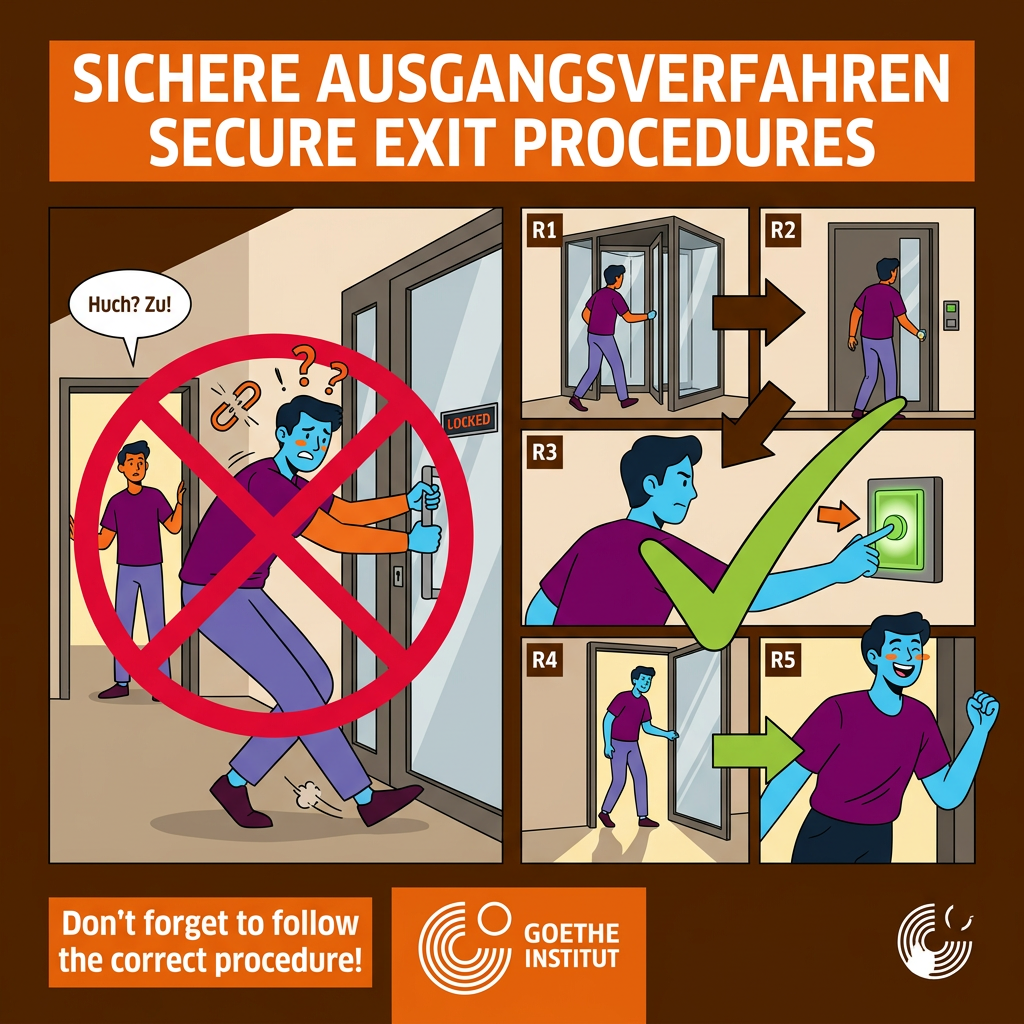 AI Design for Create a large-format comic-style instruction poster showing the correct secure exit procedure inside a Goethe-Institut building.
Background uses warm dark brown similar to Goethe promotional materials.
The composition is split into a large DO and DON'T layout.
LEFT SIDE (DON'T)
A visitor impatiently attempts to open Door 2 while Door 1 remains open.
The character leans dramatically forward in an exaggerated pose.
Door 2 shows a locked indicator.
Character displays humorous confusion.
Large red prohibition symbol.
Small visual effects communicate failure.
RIGHT SIDE (DO)
A clear visual sequence using large directional arrows.
Visitor enters vestibule.
Door 1 closes.
Visitor presses illuminated release button.
Door 2 opens.
Visitor exits successfully.
Characters display positive emotions.
Large green approval symbol.
Use speech bubbles sparingly.
Visual storytelling must remain understandable without text.
Dynamic perspective.
Strong foreground-background depth.
Expressive body language.
Goethe-Institut color palette.
Premium editorial vector illustration.
