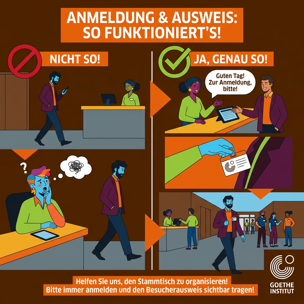 AI Design for Create a humorous Goethe-Institut visitor guidance illustration communicating mandatory registration and badge wearing.
Show a welcoming reception area.
LEFT SIDE (DON'T)
A visitor confidently walks past reception while looking at their phone.
No badge visible.
Receptionist notices.
Humorous confusion follows.
Large prohibition symbol.
RIGHT SIDE (DO)
Receptionist warmly welcomes visitor.
Visitor registers.
Close-up dynamic shot of badge being handed over.
Badge clipped visibly onto clothing.
Multiple visitors throughout the building wear badges.
Large approval symbol.
Use dynamic visual flow leading the eye through:
Arrival → Registration → Badge → Building Access.
Use Goethe-Institut editorial illustration style.
Bold geometric forms.
Friendly multicultural characters.
Minimal architectural details.
Large readable shapes.